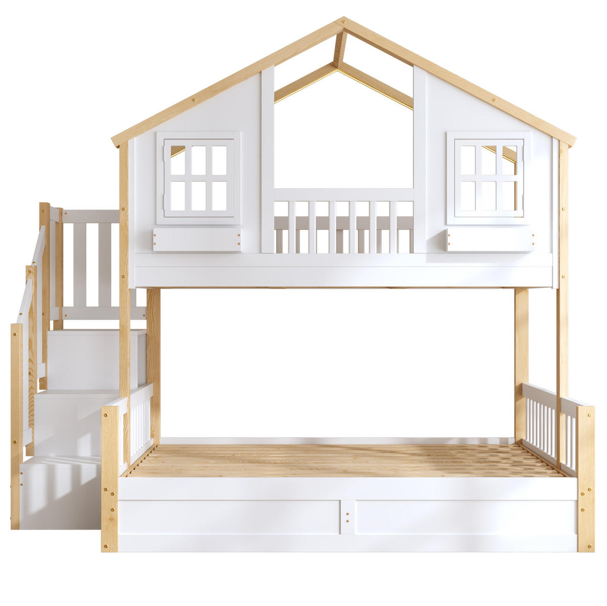 ETAGENBETT 90x200/140x200 cm in Weiß mit Stauraumtreppe, LED und hydraulischem Bettkasten - Weiß, Holz (90/200cm) - IVMEU