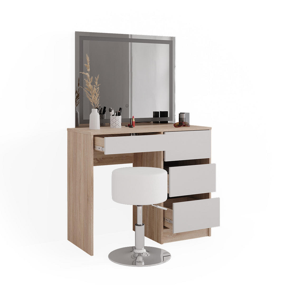 SCHMINKTISCH Sherry Sonoma 90 cm mit LED-Spiegel und Hocker - Weiß/Sonoma Eiche, Holzwerkstoff (90/75/40cm) - Vicco