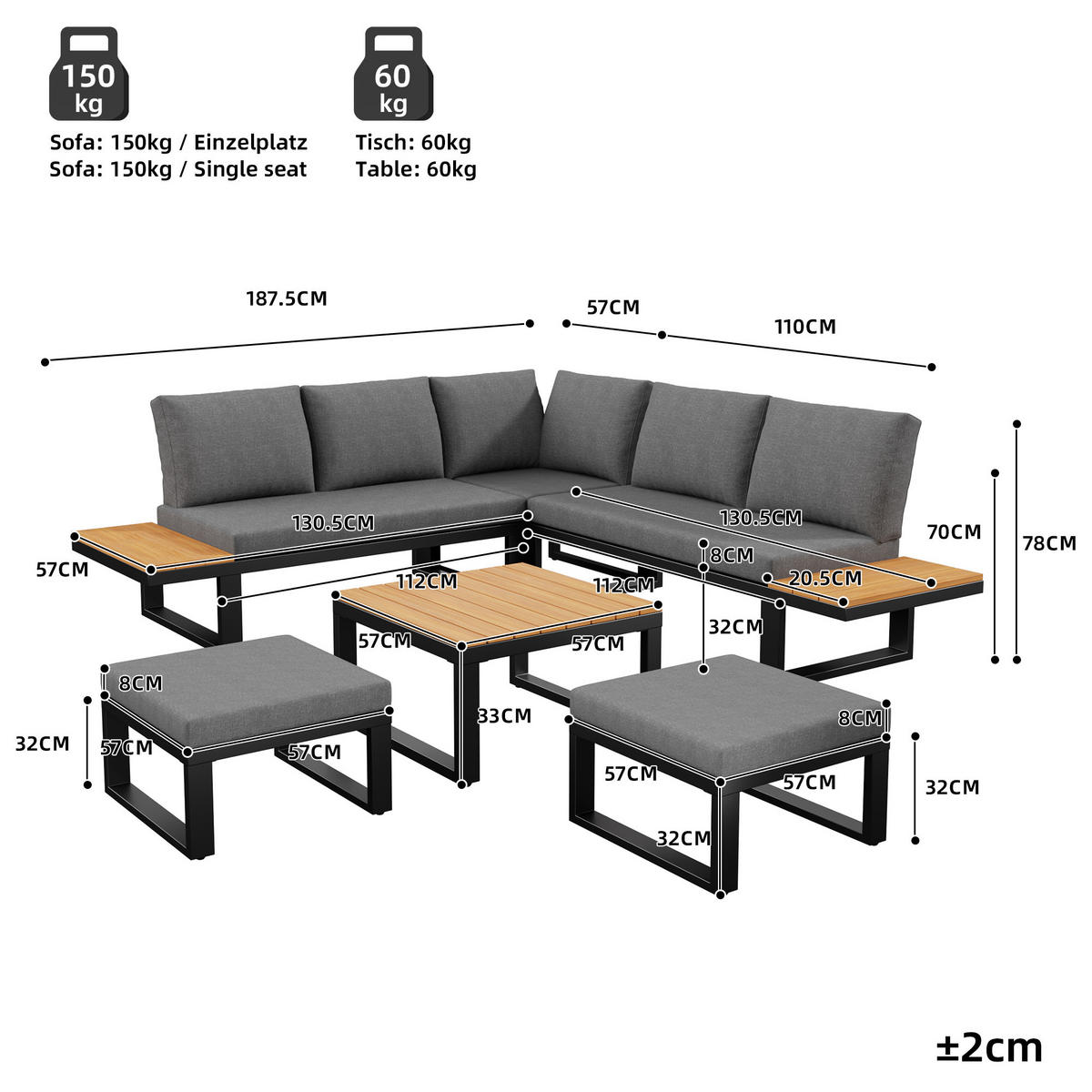 GARTENLOUNGE 6tlg Grau Beige Ecksofa Tisch Hocker verstellbar - Grau, Metall - FLIEKS