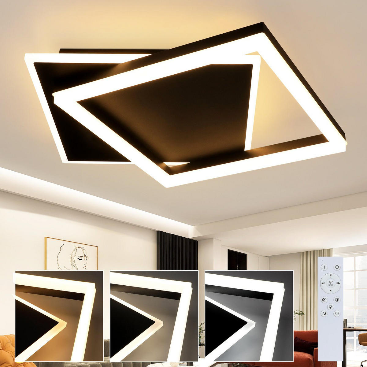 LED-DECKENLEUCHTE Lena 48.5/47.5/6 cm - Schwarz, Metall (48.5/47.5/6cm) - Nettlife