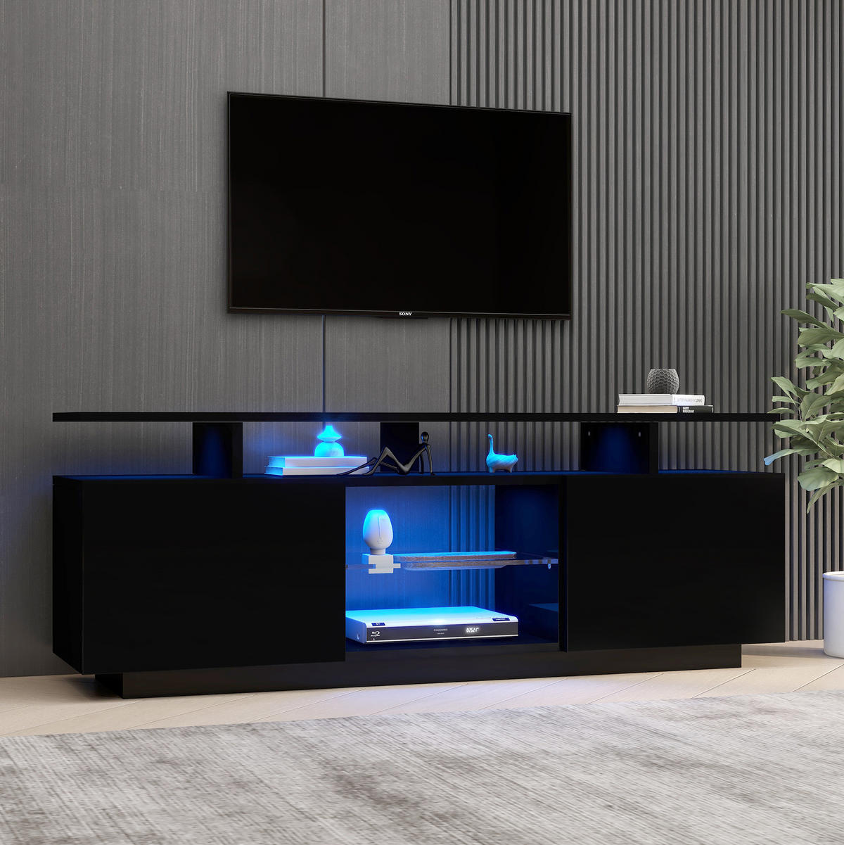 TV-SCHRANK mit LED-Beleuchtung 140 cm Schwarz Hochglanz - Schwarz, Holzwerkstoff (35/55/140cm) - Beauniv