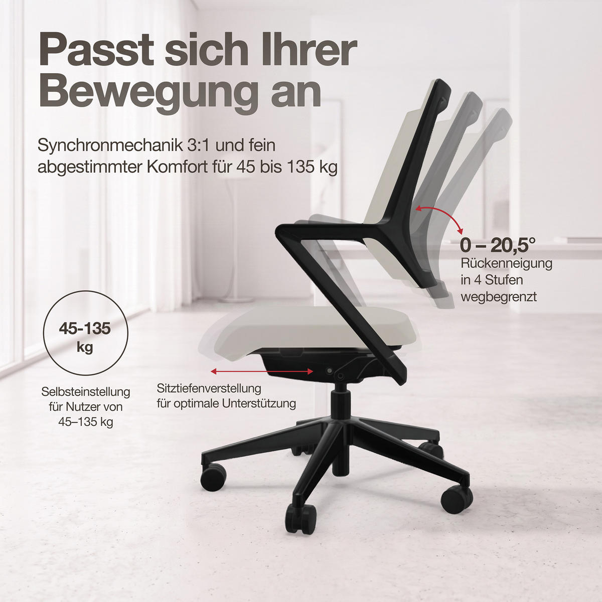 DREHSTUHL Ergonomischer Bürostuhl Asolo mit Polsterrücken / Weiß Ergonomischer Polsterrücken - Weiß, Textil (59.5/97.5/45cm) - ASSMANN
