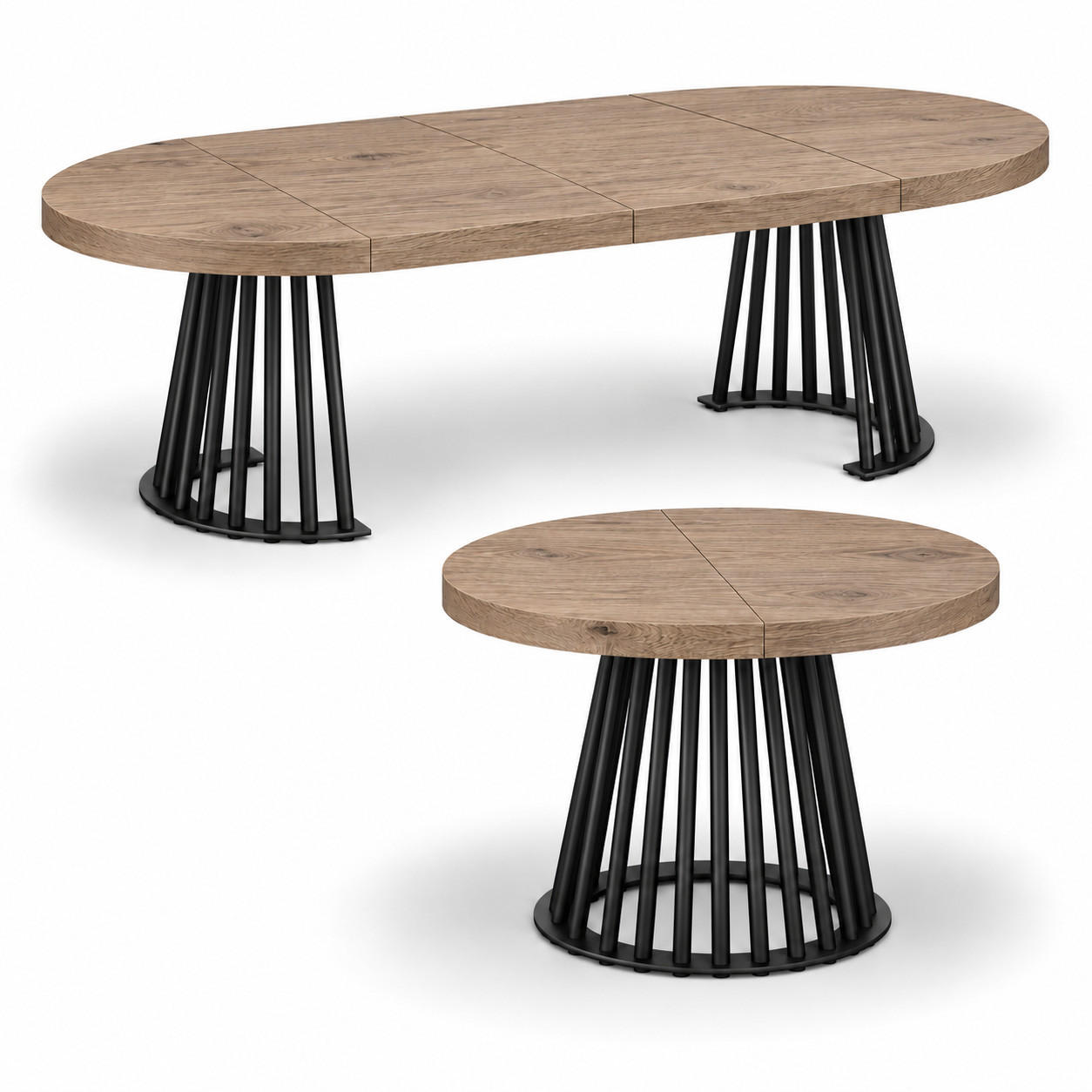 ESSTISCH rund ausziehbar 110/210/76 cm, Graubraun Eiche Halifax Egger, 54 cm Tischplatte + Lamellen-Metallgestell Schwarz - Eichefarben/Graubraun, Holzwerkstoff/Metall (110/210/76cm) - Damale Möbel