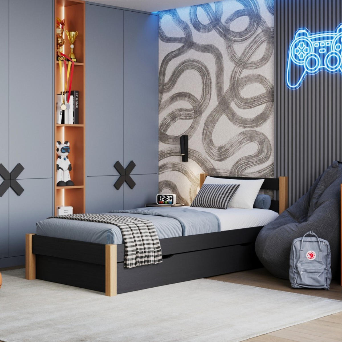 BETT mit Schublade N01 Schwarz / Eiche Natur 90/190 - Schwarz/Eiche Artisan, Naturmaterialien/Holz (90/190cm) - N-Wood