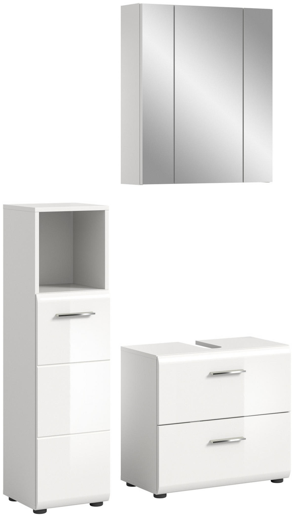 BADMÖBEL-SET 3-teilig weiß Hochglanz, Badkombination mit Spiegelschrank - Weiß Hochglanz/Silberfarben, Glas/Holzwerkstoff (105/185/30cm) - Inn.Furn