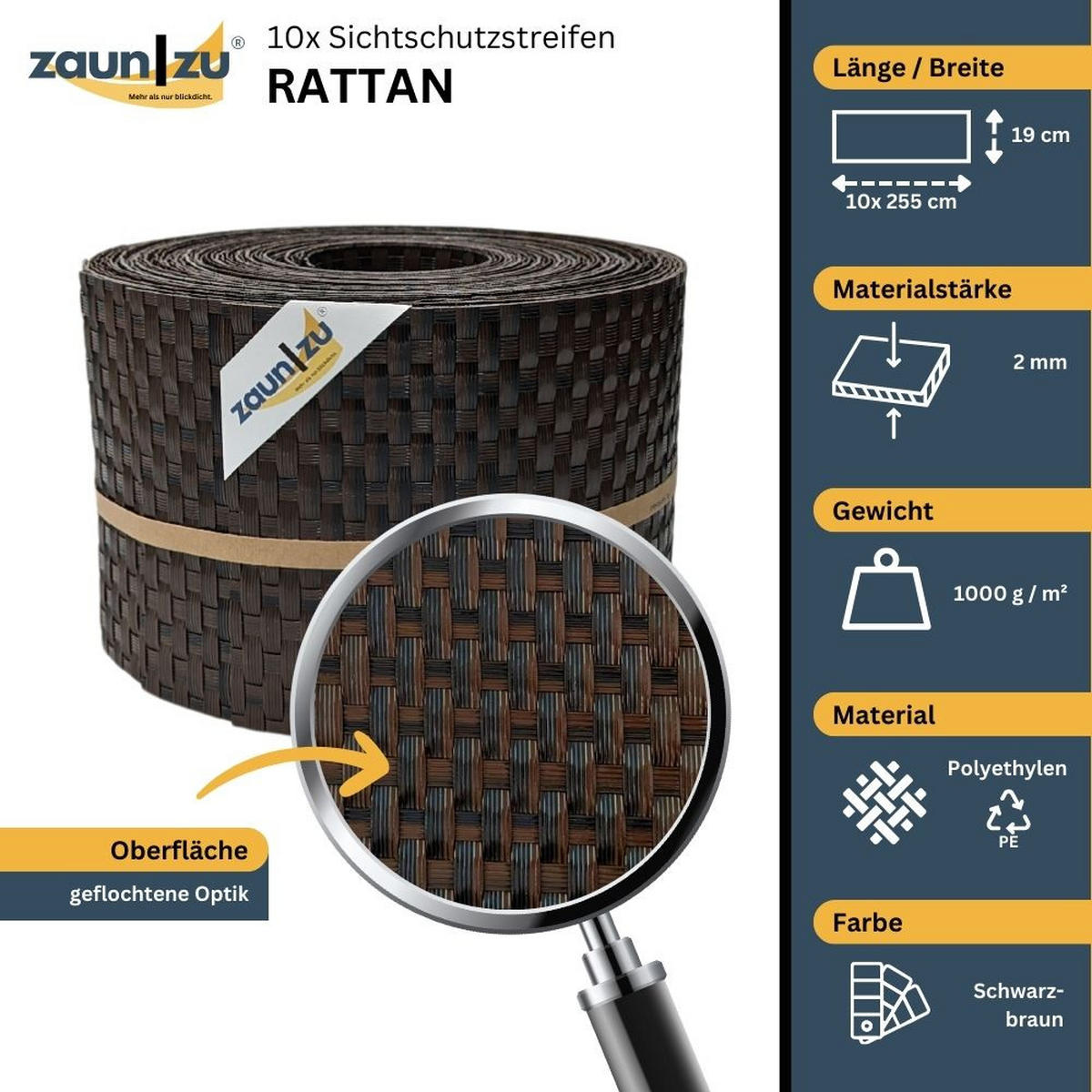 SICHTSCHUTZSTREIFEN Rattan für Doppelstabmatten UV-beständig Schwarzbraun 10x 2,55m - Schwarz, Kunststoff (2550/19cm) - ZAUN|ZU