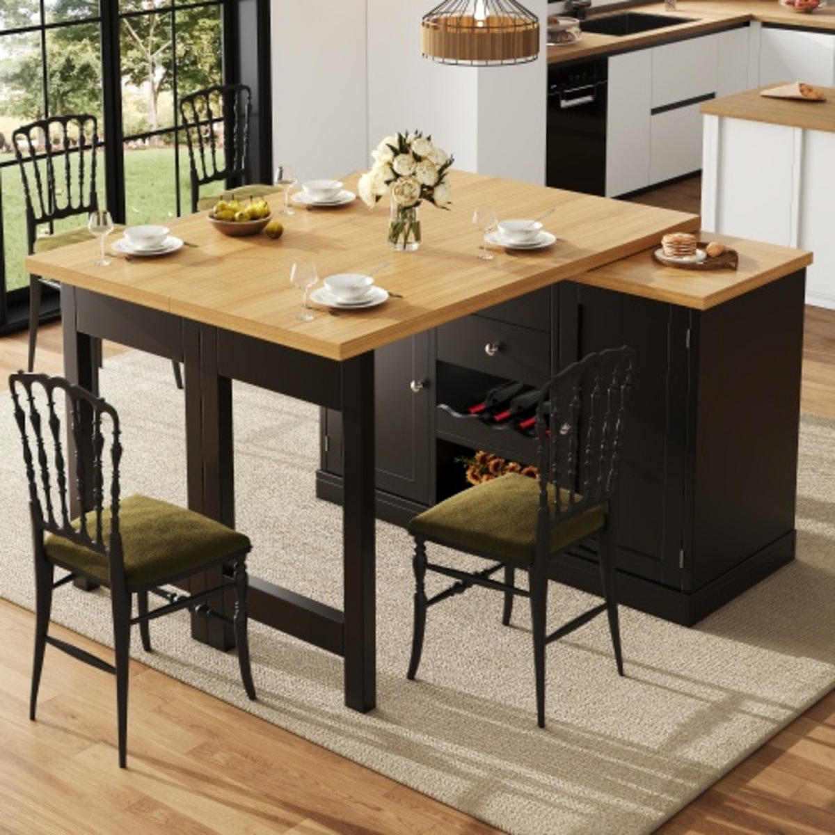 KÜCHENINSEL 120-197×40×74 cm aus MDF und Metall mit 360° drehbarer ausziehbarer Tischplatte, schwarz - Schwarz, Holzwerkstoff (197/74/40cm) - Luhomfu