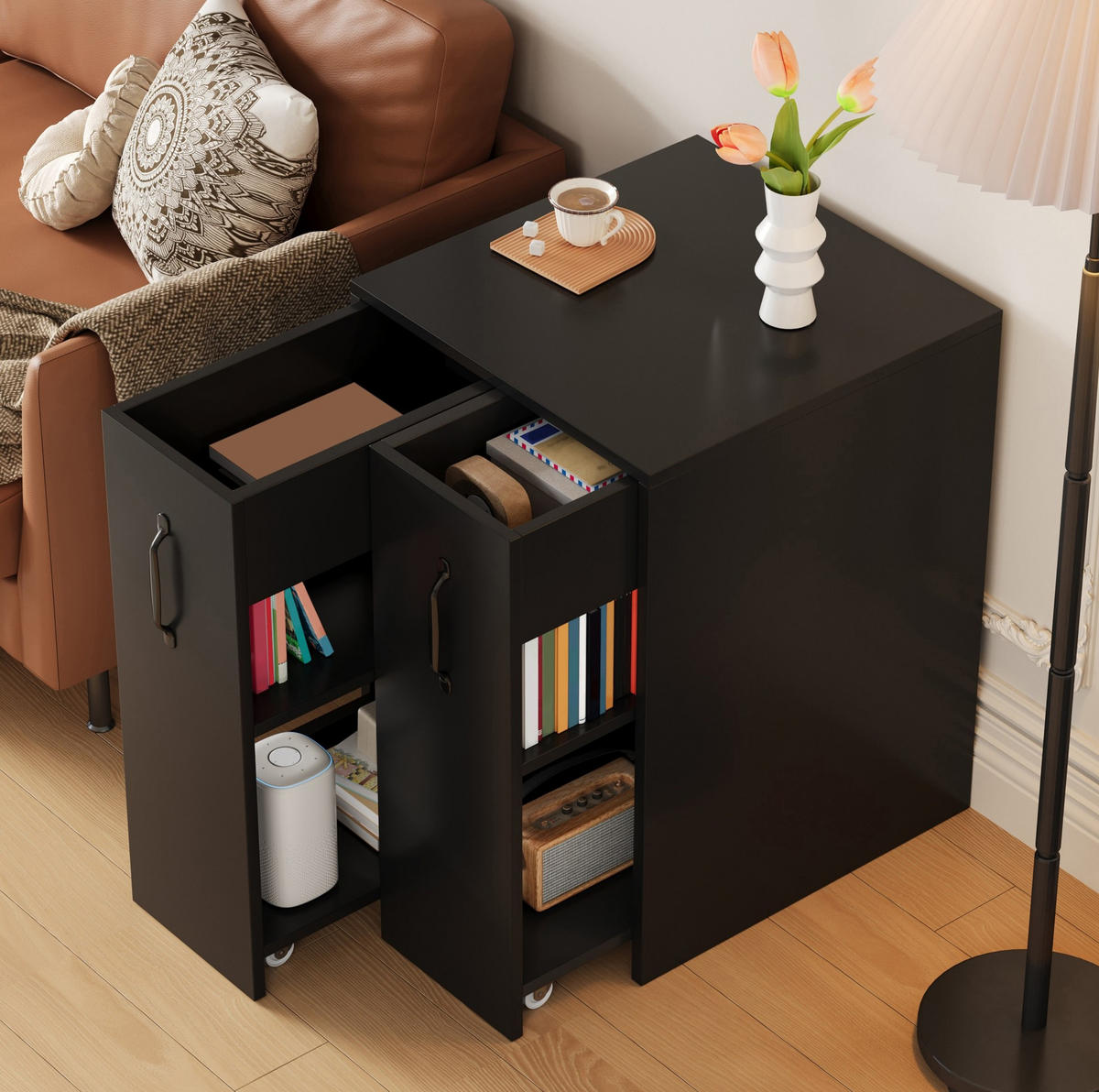 SIDEBOARD aus Spanplatte 52x50x75 cm Schwarz mit Rollen, beidseitig montierbaren Auszügen und offenen Fächern - Schwarz, Holzwerkstoff (52/75/50cm) - Modfu