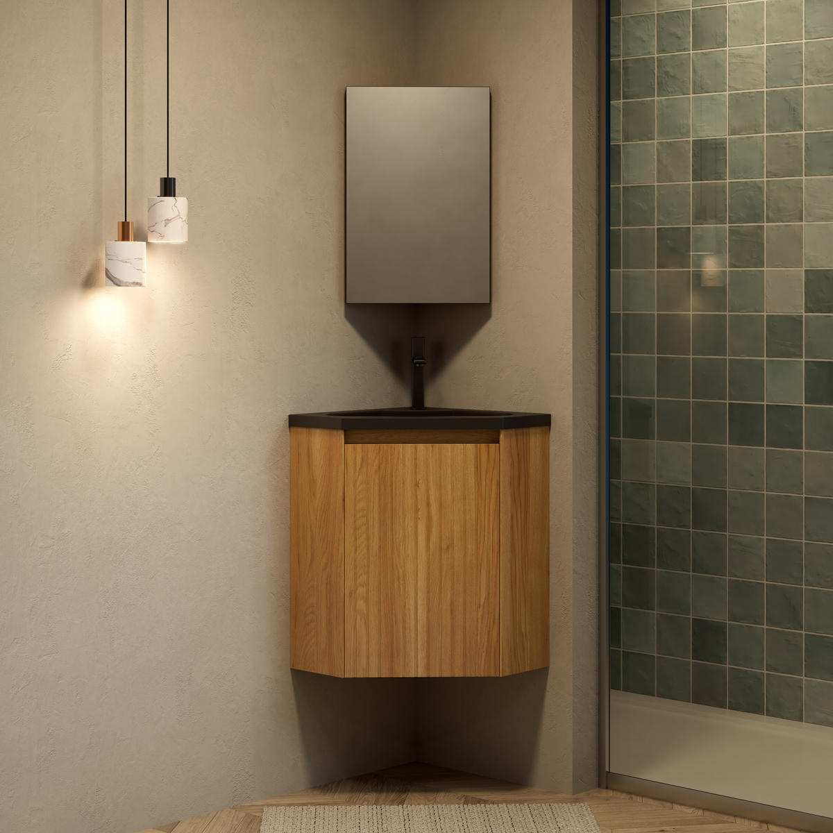 WASCHTISCHUNTERSCHRANK 54.5x38.5x52.4cm Schwarz/Naturholz mit Harzbecken - Naturfarben, Kunststoff (38.5/52.4/54.5cm) - Modfu