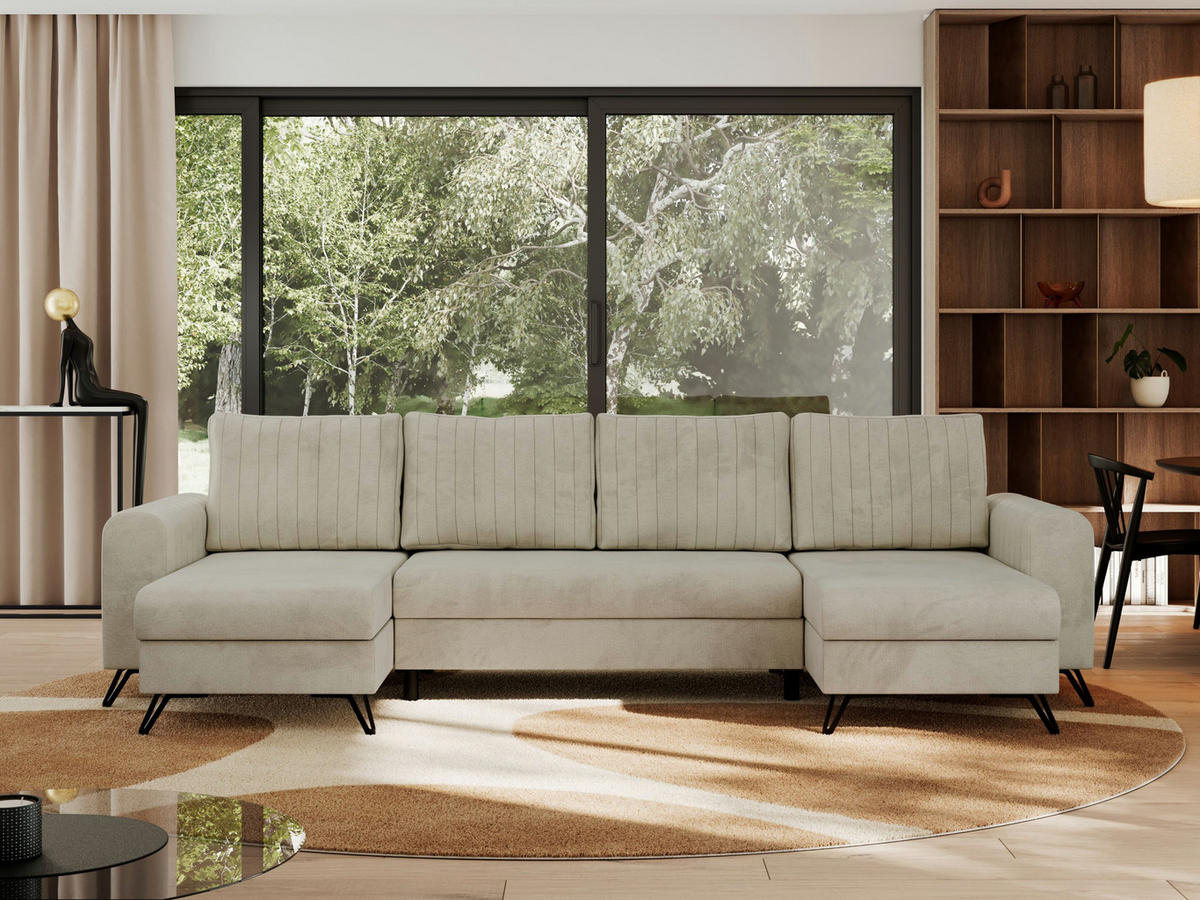 WOHNLANDSCHAFT AXEL U Velvet Beige - Beige/Schwarz, Textil/Metall (312/90/140cm) - MKS