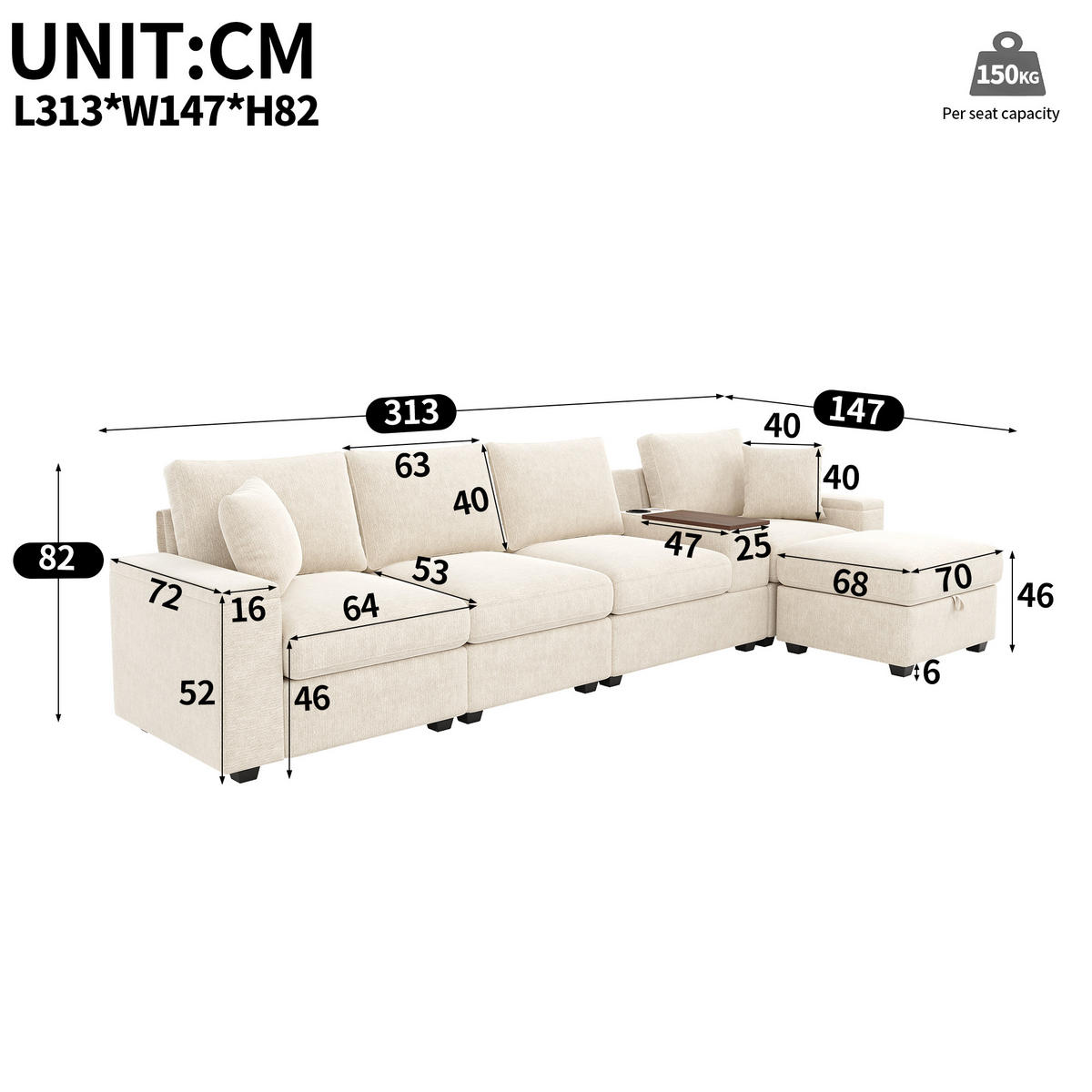 ECKSOFA mit USB/Type-C, Stauraum und drehbarem Couchtisch - Beige, Textil (313/147cm) - EVRYAE
