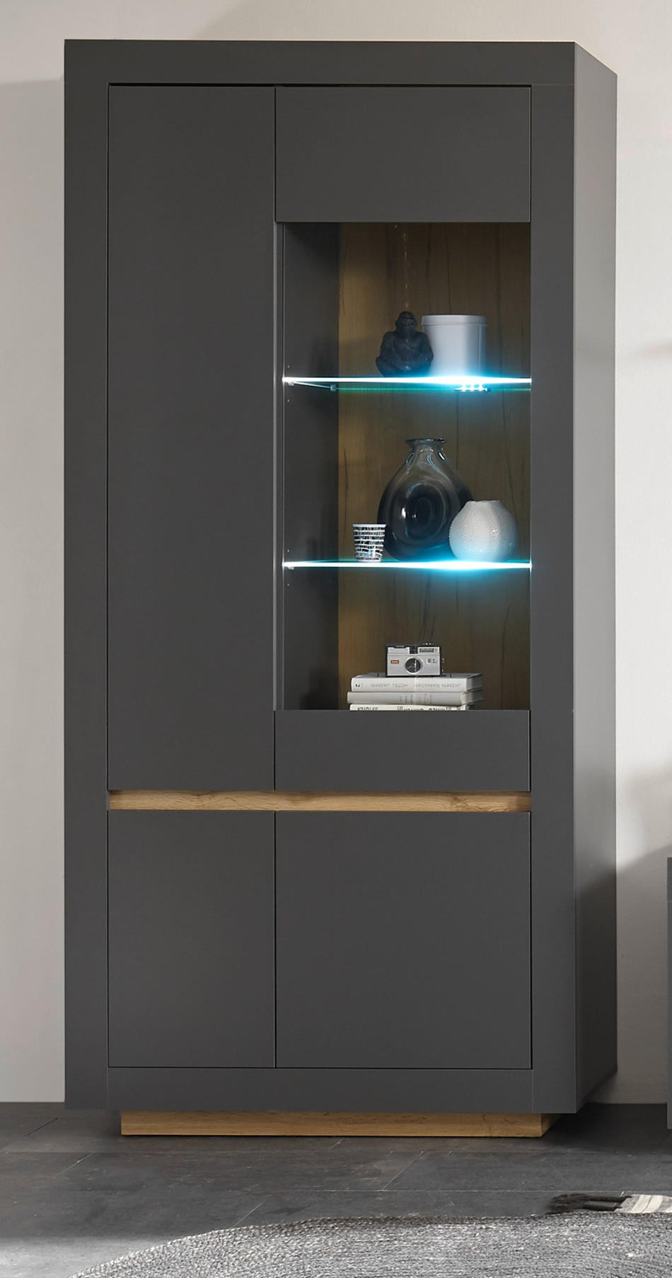VITRINE anthrazit, Wotan Eiche, Vitrinenschrank 96 x 206 cm mit 10 Fächern - Eichefarben/Anthrazit, Glas/Eichenholz (96/206/38cm) - Furn.Design