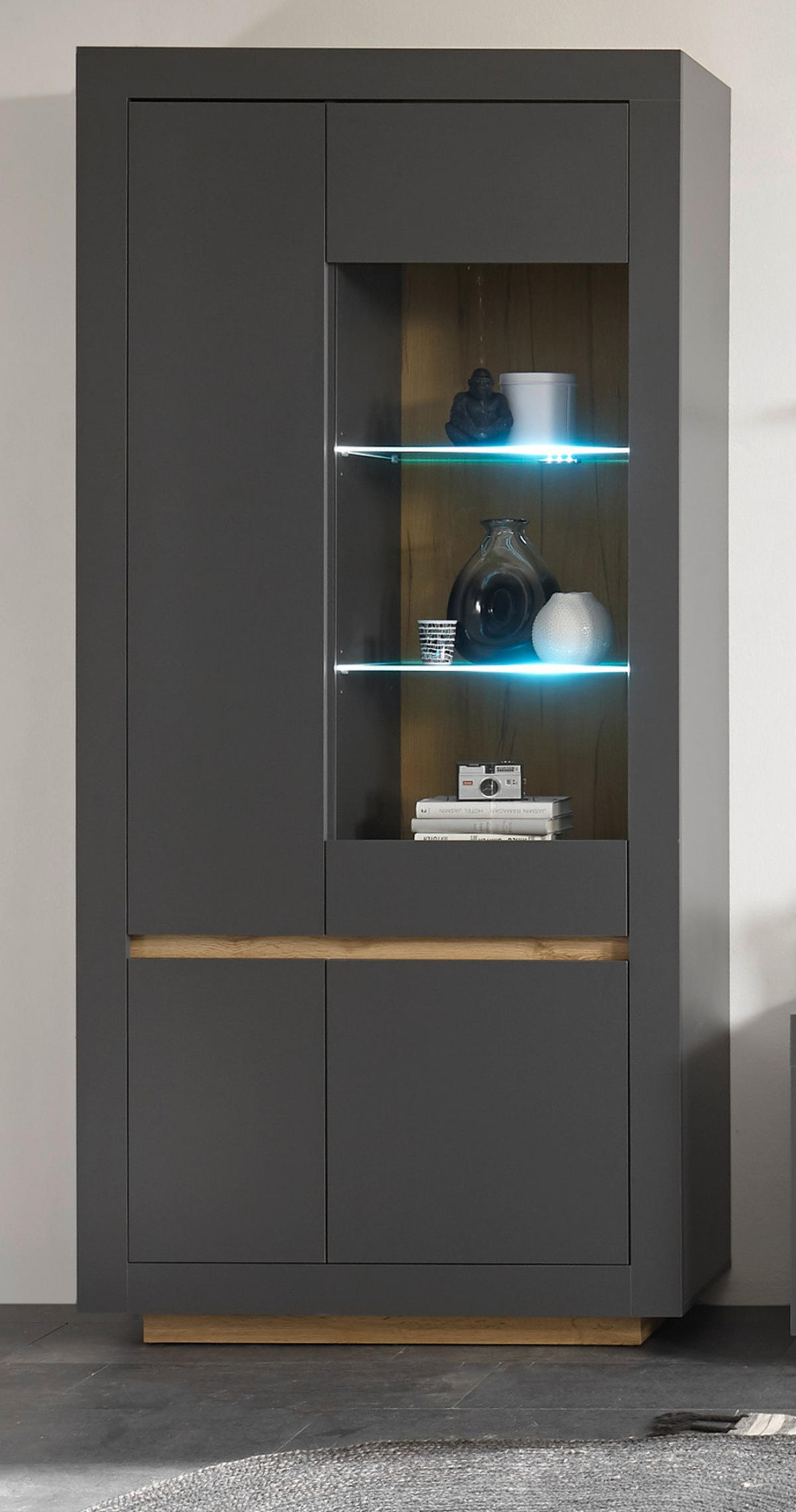 VITRINE anthrazit, Wotan Eiche, Vitrinenschrank 96 x 206 cm mit 10 Fächern - Eichefarben/Anthrazit, Glas/Eichenholz (96/206/38cm) - Furn.Design