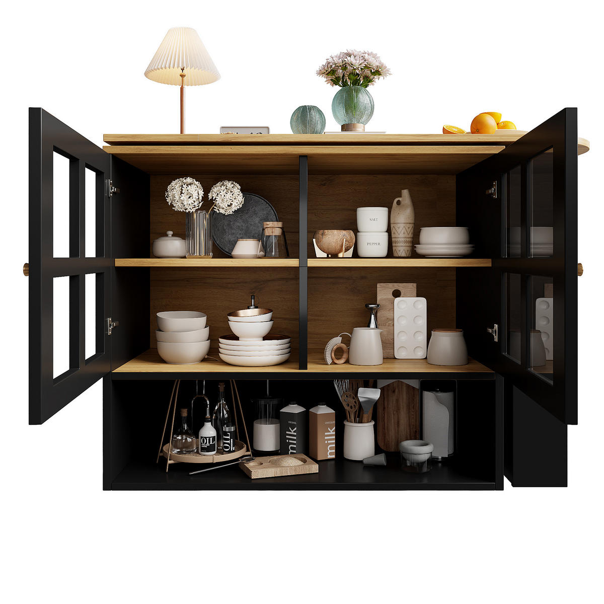 KÜCHENINSEL Weiß 360° drehbar mit 5 Regalen & Glasplatte - Schwarz, Holz (39/102.5/138cm) - SHOPENTRA
