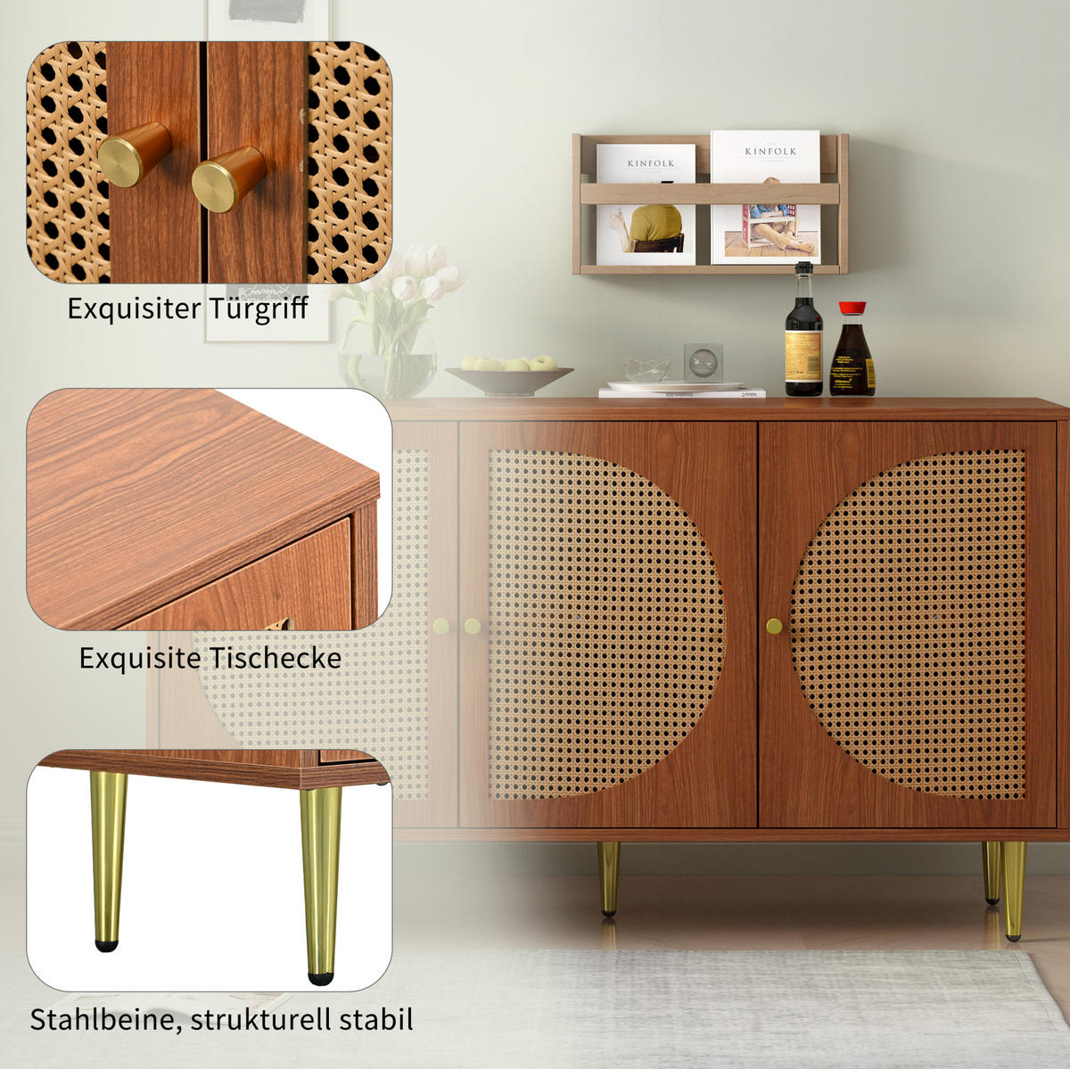 SIDEBOARD 129,8/40/76 cm in Walnuss mit Rattanfront und 3 Türen - Walnussfarben, Holzwerkstoff (129.8/76/40cm) - Flora Grace