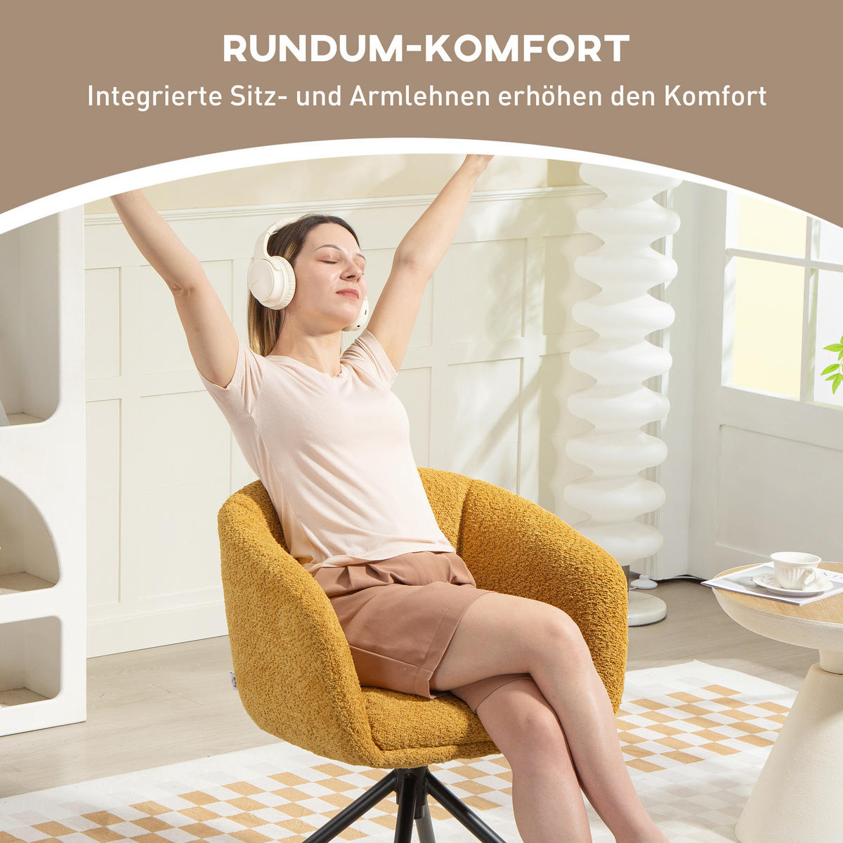SESSEL Loungesessel mit Armlehne, 360° Drehfunktion, Leinenoptik, Gelb - Gelb, Textil (58.5/78.5/59cm) - HOMCOM