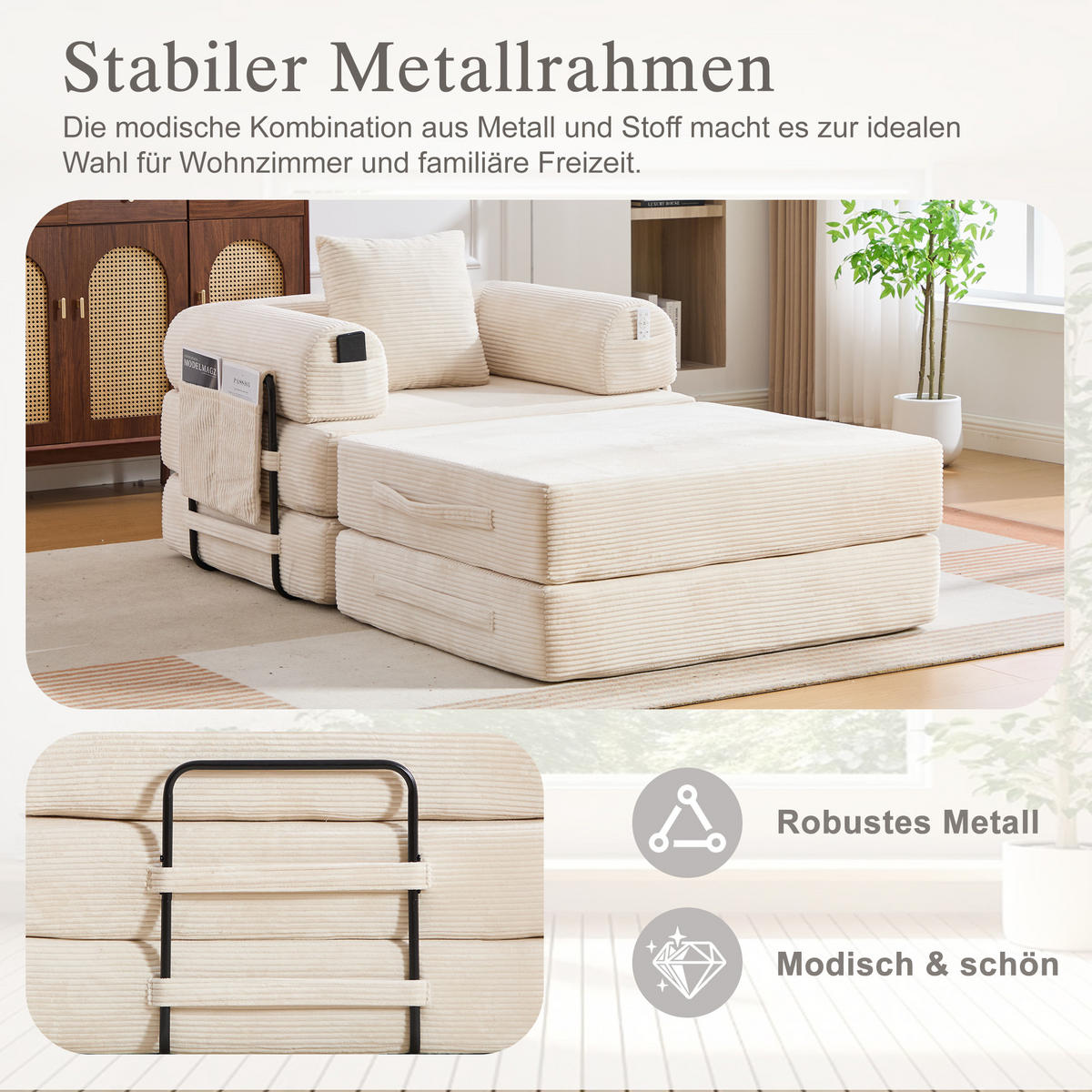SOFA Cord Beige mit Kissen und Hocker - Beige, Textil/Metall (112/67/190cm) - WISHDOR