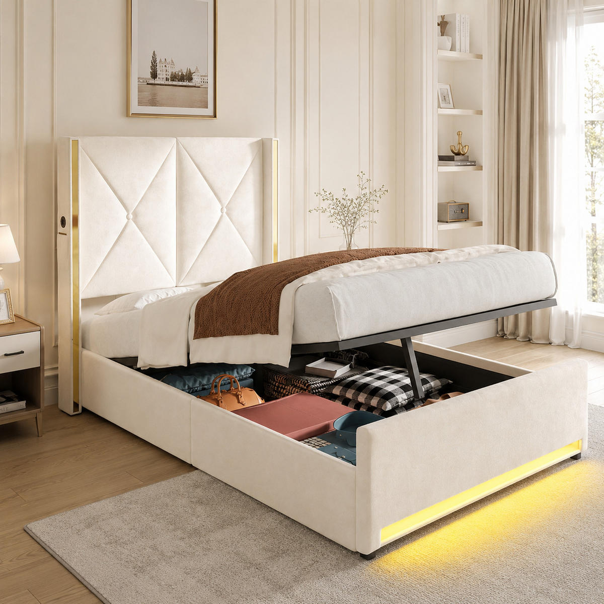 POLSTERBETT 90/200 cm in Beige mit Bettkasten, LED, USB und Type-C Samt - Beige, Holzwerkstoff/Textil (90/200cm) - STILVORA
