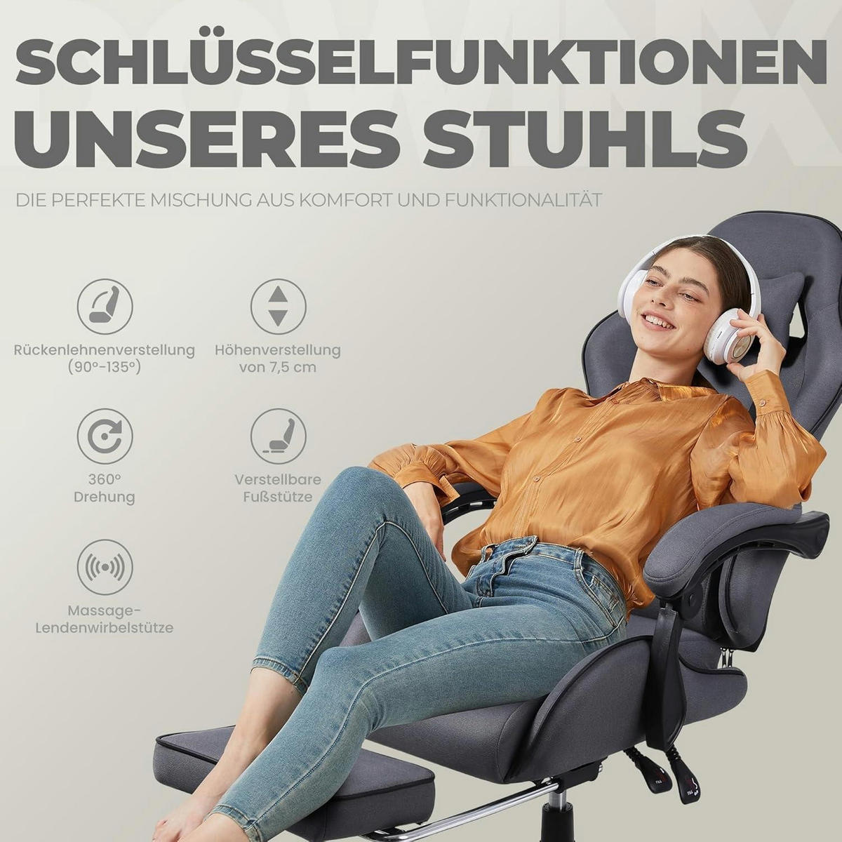 GAMING Stuhl mit Fußstütze Stoff Grau - Grau, Textil (83/22/57.5cm)
