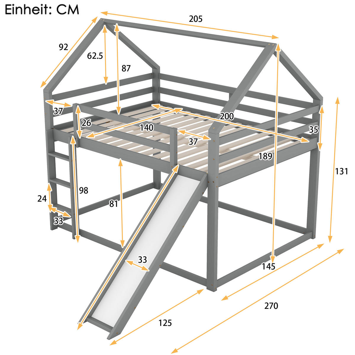 ETAGENBETT 140/200 cm Grau mit Rutsche und Leiter für Kinderzimmer - Grau, Holz (140/200cm) - OKWISH