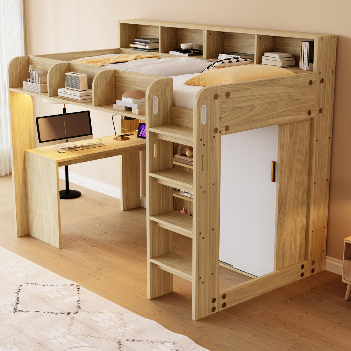 HOCHBETT aus Holzwerkstoff 90x200 cm Holzfarbe mit Schreibtisch, Kleiderschrank, LED und Steckdosen - Naturfarben, Holzwerkstoff (90/200cm) - IVMEU