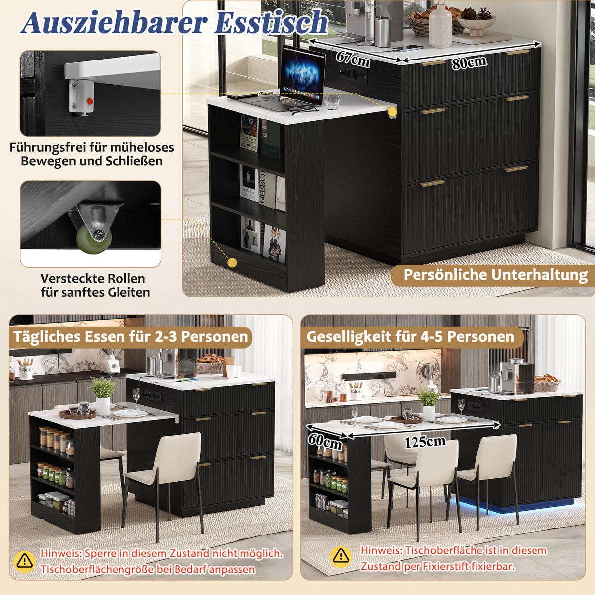 KÜCHENINSEL ausziehbar 127,5-205/67/92 cm mit LED DE-39579 Schwarz - Schwarz, Holzwerkstoff (67/92/127.5cm) - ComfortXL
