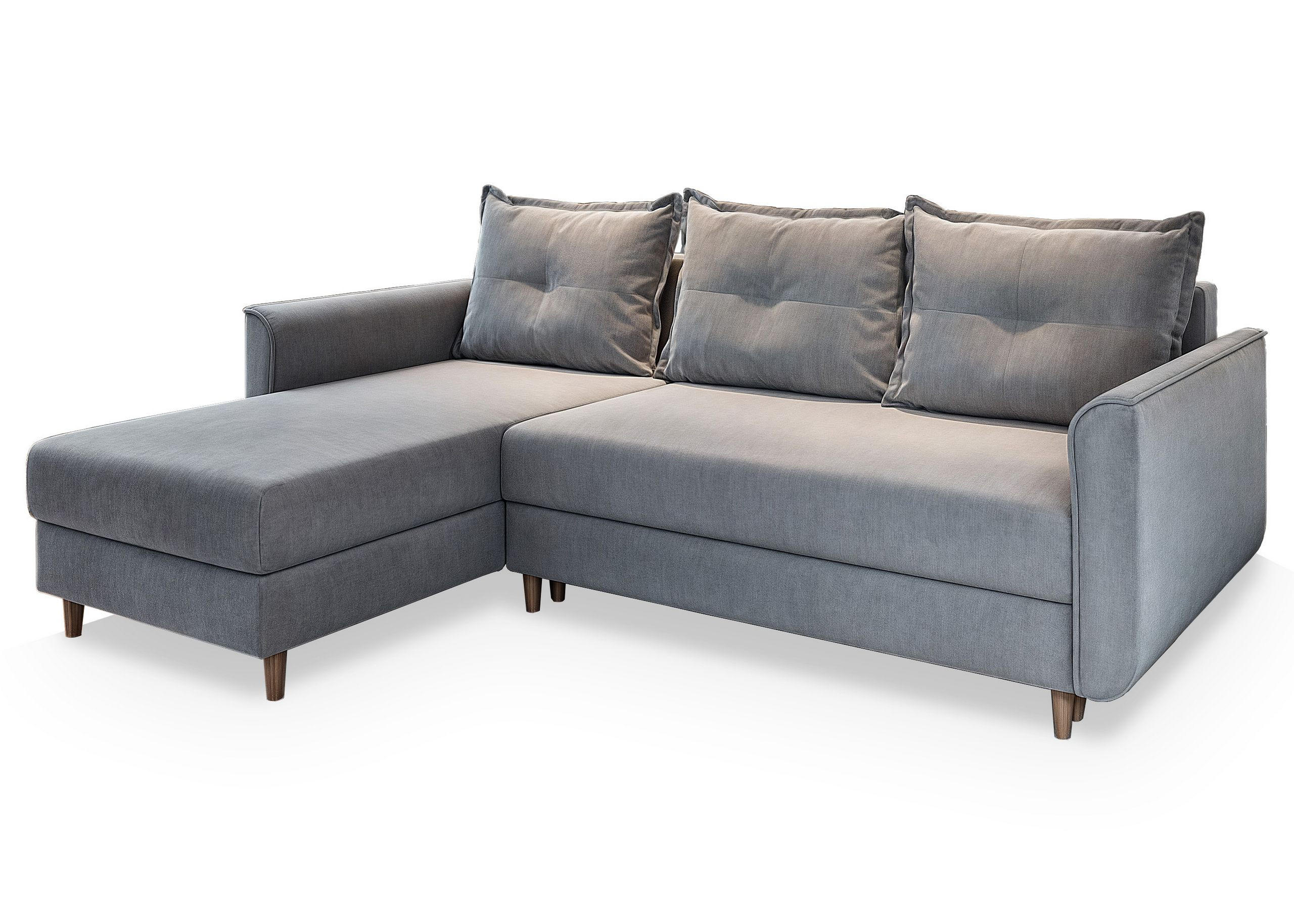 ECKSOFA PISAN R-S Hellgrau Plüsch-Stoff mit Schlaffunktion - Hellgrau, Holz (220/140cm) - MASSENO