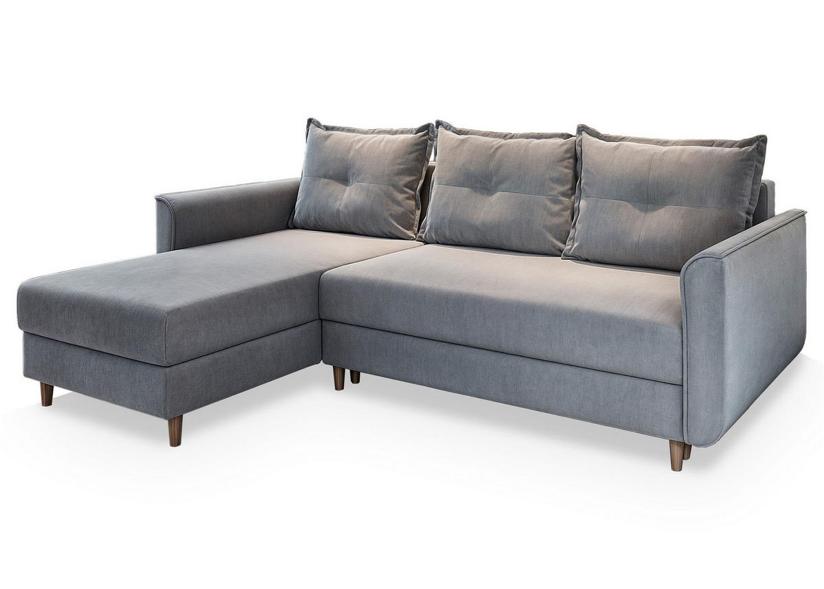 ECKSOFA PISAN R-S Hellgrau Plüsch-Stoff mit Schlaffunktion - Hellgrau, Holz (220/140cm) - MASSENO