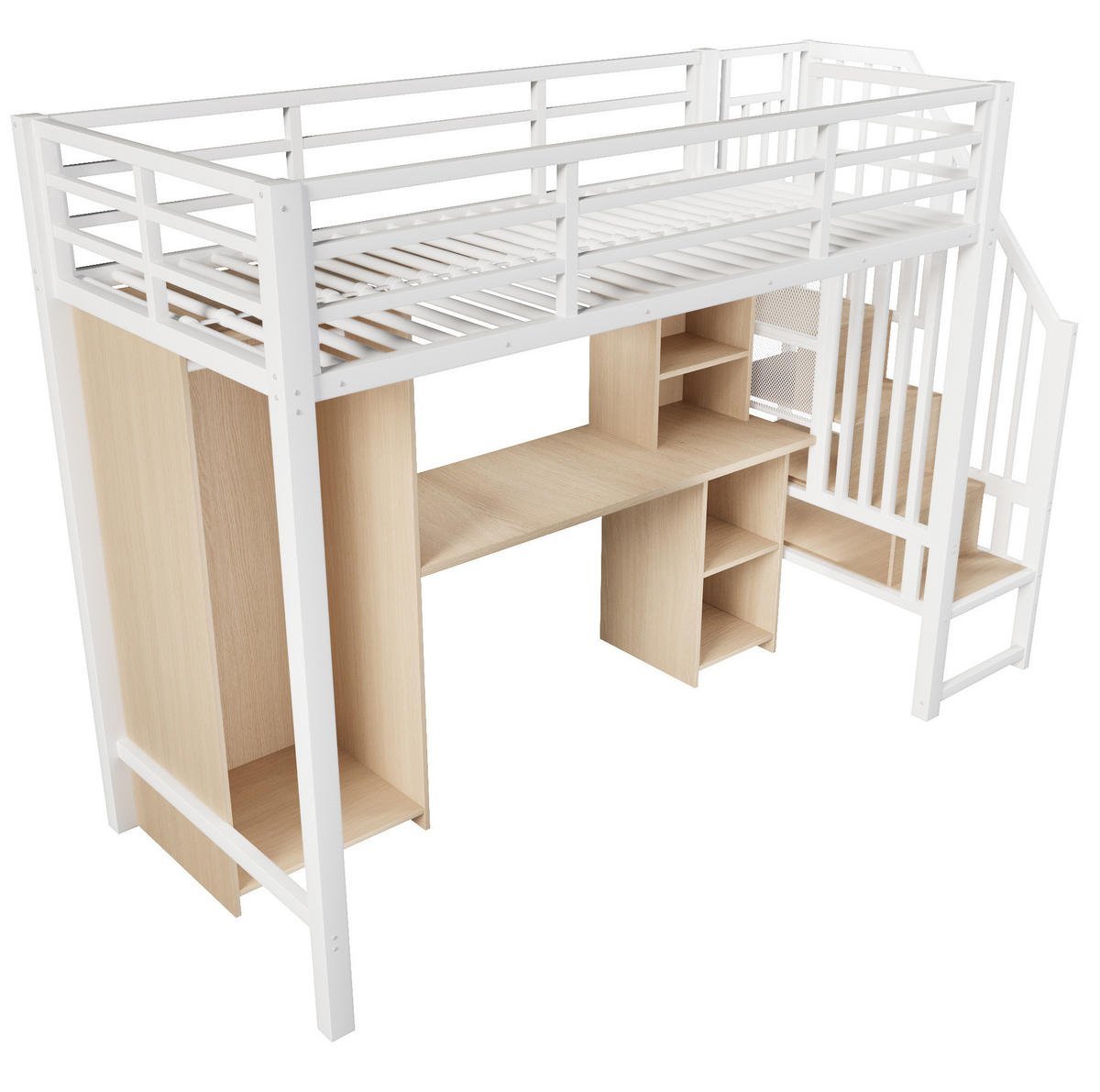HOCHBETT 90/200 cm mit Kleiderschrank, Schreibtisch und Stauraum aus Metall und MDF, Weiß - Weiß, Metall (90/200cm) - Redom