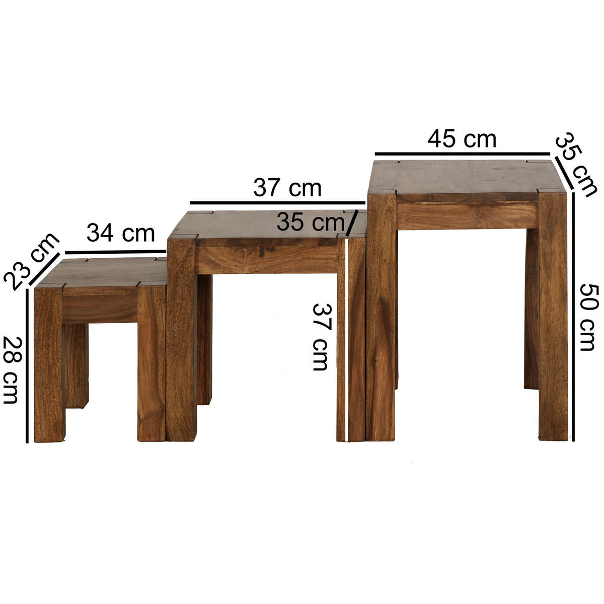 BEISTELLTISCH 3er Set Massivholz Platzsparend Landhausstil NAKO, Braun 50x36x45 cm - Braun, Holz (36/50/45cm) - KADIMA DESIGN