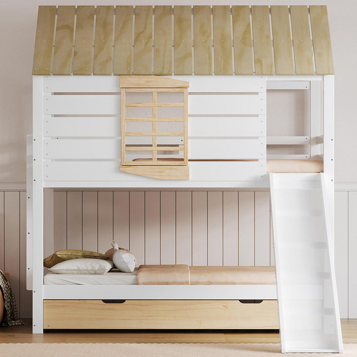 HAUSBETT 90X200 cm mit Rutsche und Ausziehbett, Weiß+Natural - Weiß, Holz (90/200cm) - KOMHTOM