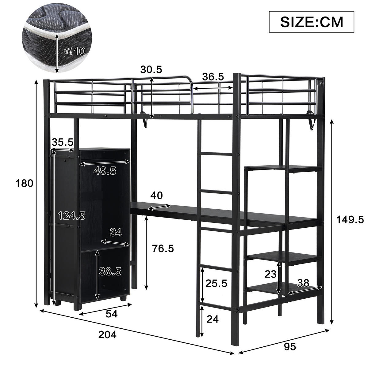 PALANDA 204/95/180 cm s psacím stolem, šatní skříní, policemi a 5stupňovým žebříkem, Černá - černá, kov (90/200cm) - Redom
