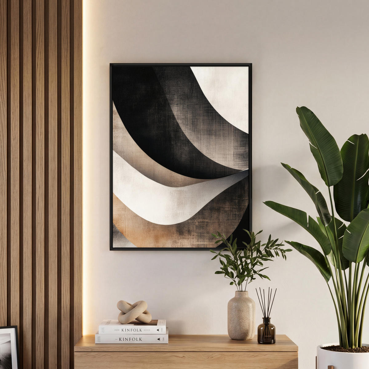 LEINWAND Bilder mit Rahmen - Abstrakt - Wellen - Schwarz - Verwittert - 60x80 - Trüffeleichefarben, Textil (60/80cm) - MuchoWow