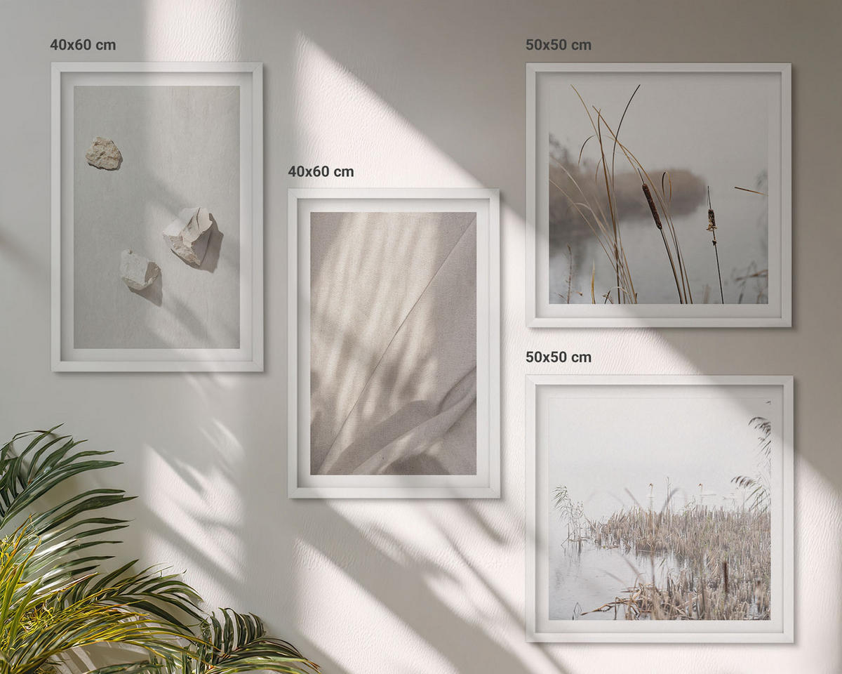 WANDBILDER 4er-Set - 50x50 cm & 40x60 cm Weißer Rahmen - Nahaufnahmen der Struktur im Boho-Stil - Weiß, Kunststoff (50/50cm) - ArtPrintCave