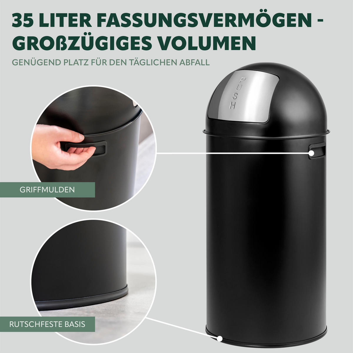 ABFALLEIMER Push-Deckel 35 L, schwarz - Schwarz, Metall (30.5/66.5/30.5cm) - eluno