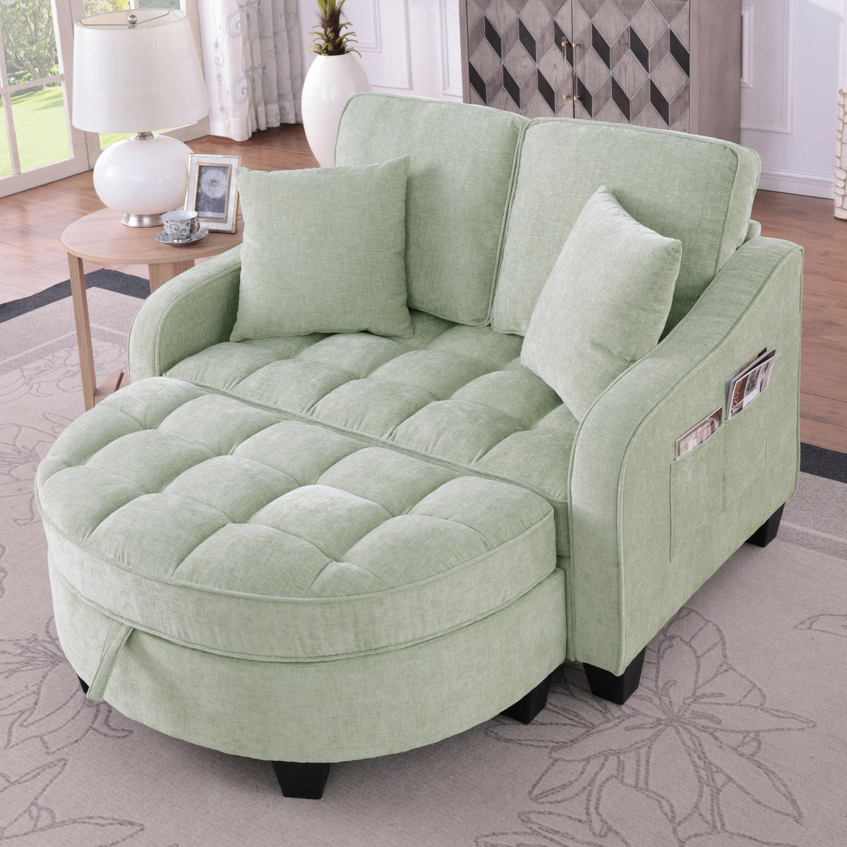 SOFA Chenille Cyan mit Stauraumhocker - Hellgrün, Holzwerkstoff/Kunststoff (132/93/129cm) - WISHDOR