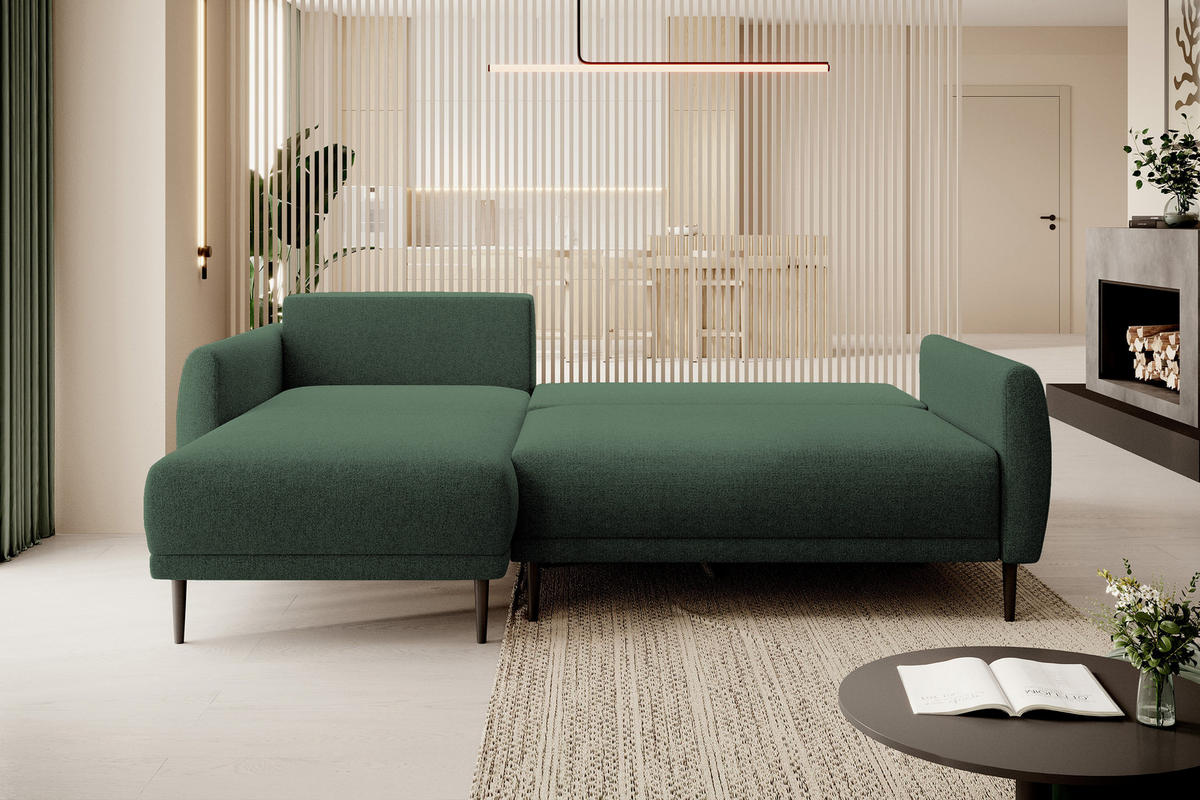 ECKSOFA BONO Stilvolles Sofa mit Schlaffunktion, Robuste Holzfüße, Elegante Armlehnen, Tiefe Sitzfläche 226x164x88cm, Linke, Waldgrün - Waldgrün, Holz/Textil (164/226cm) - DomoHome