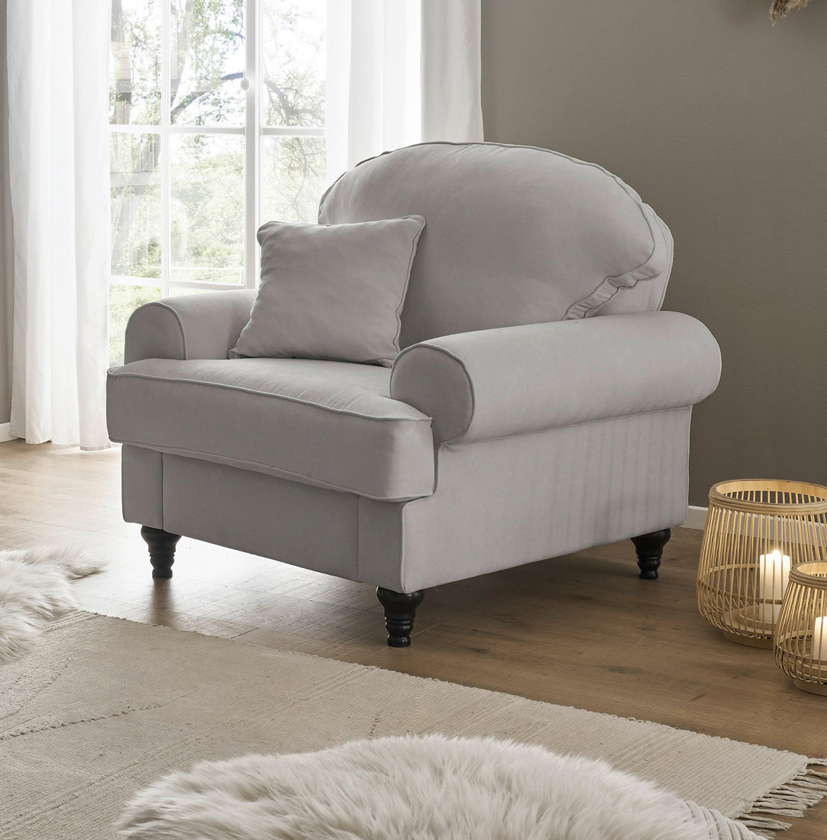 SESSEL hellgrau Landhaus, Loungesessel 110 cm - Hellgrau/Braun, Holz/Textil (110/95/100cm) - Furn.Design