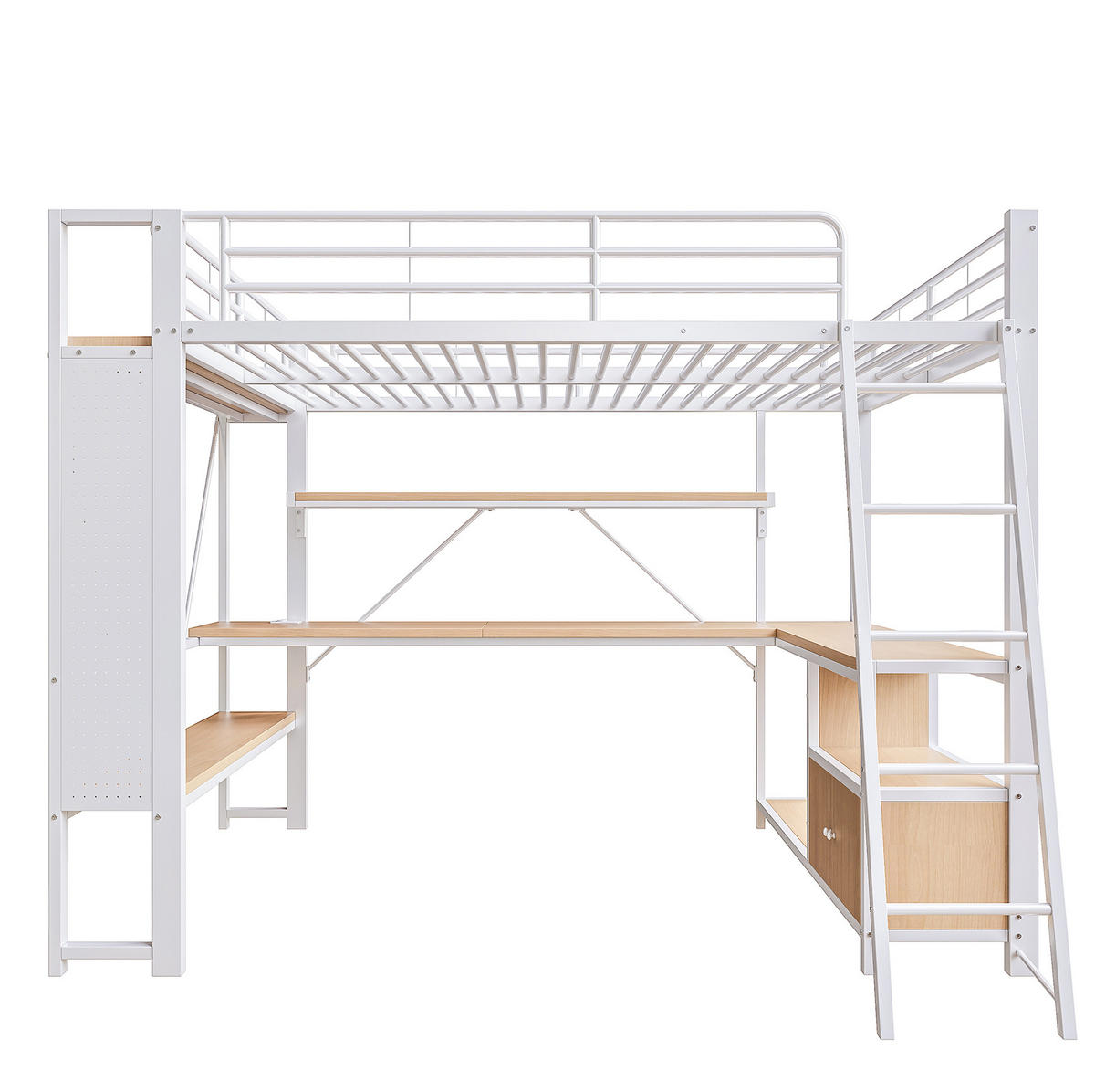 HOCHBETT aus Metall und MDF 140x200 cm Weiß mit LED-Lichtleiste, Schreibtisch, USB-Anschluss und viel Stauraum - Weiß, Metall (140/200cm) - Modfu