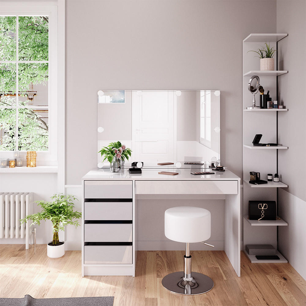 SCHMINKTISCH Sherry Weiß 4 Teile mit Aufbewahrungsregal Spiegel Hocker LED - Weiß, Holzwerkstoff (55/75/120cm) - Vicco