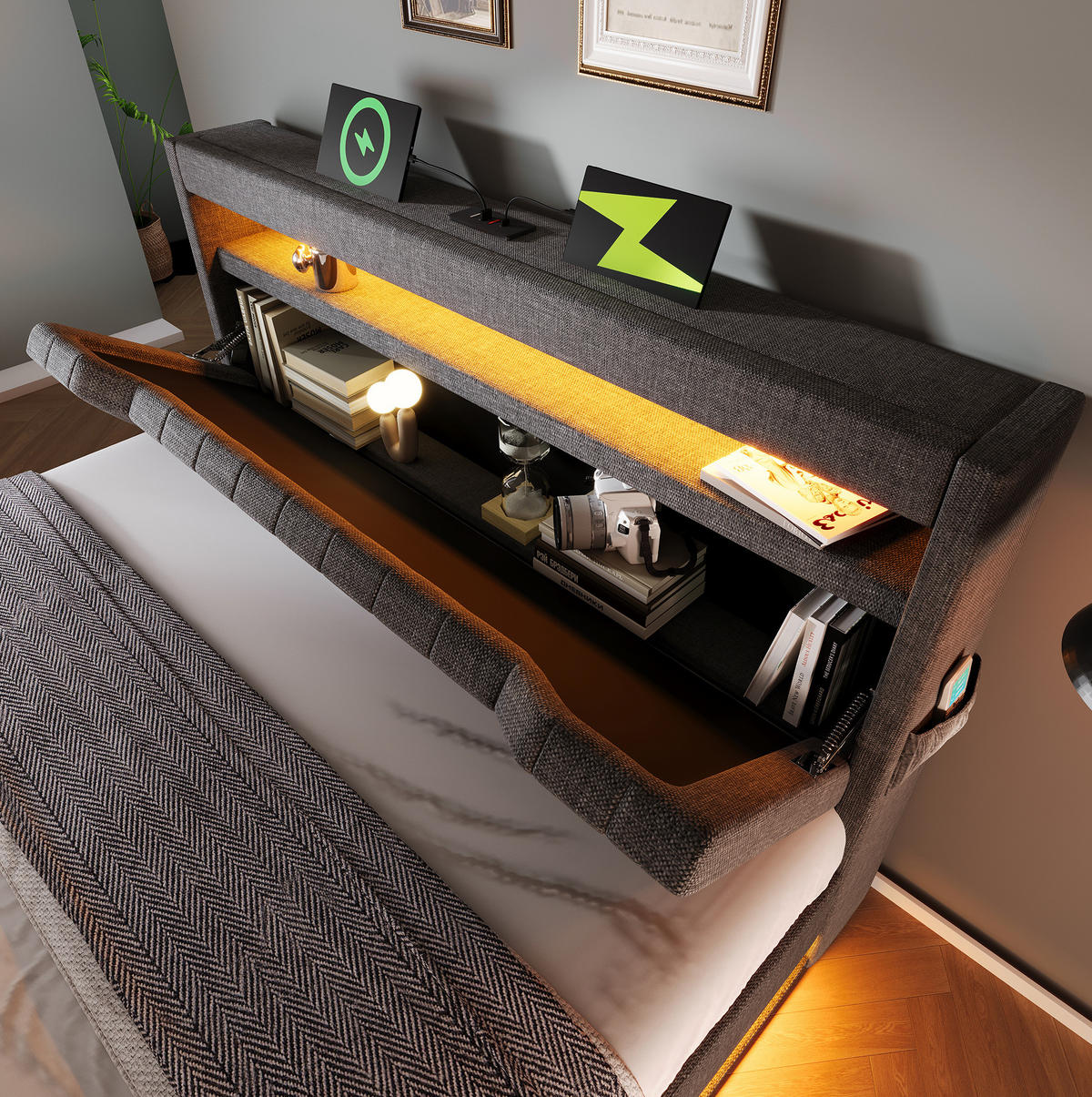 POLSTERBETT 140/200 cm Grau aus Leinen mit Matratze und LED-Beleuchtung - Grau, Textil (140/200cm) - OKMYHOME
