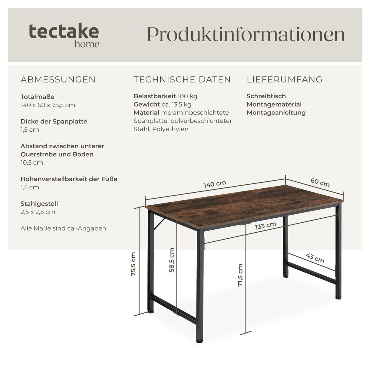 SCHREIBTISCH Jenkins, Höhe 75, 5 cm, Industrial Holz dunkel, rustikal - Rostfarben, Holzwerkstoff (60/140/75.5cm) - tectake
