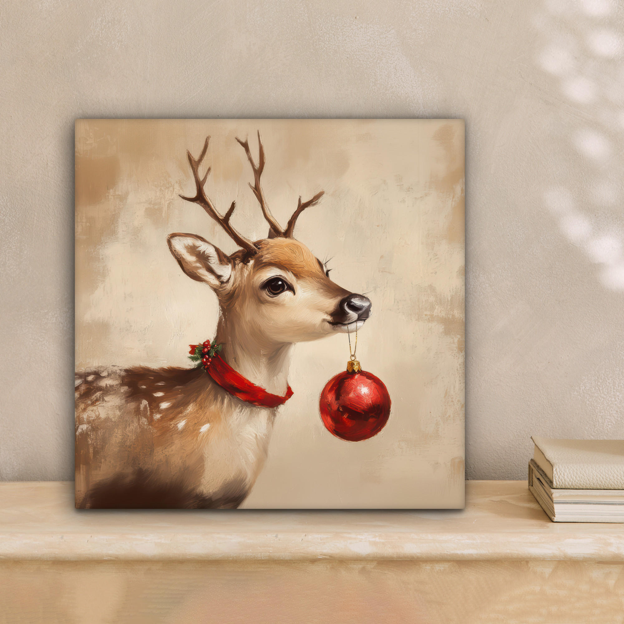 LEINWANDBILD Weihnachten - Hirsch - Geweih - Weihnachtskugel - Rentier 20x20 cm - Hellbraun, Textil (20/20cm) - MuchoWow