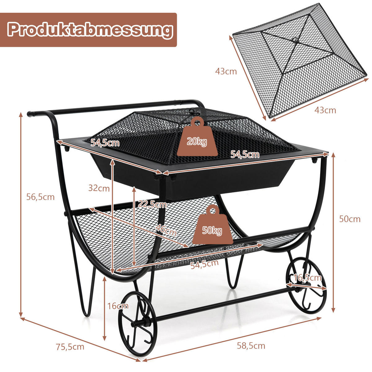 BRENNHOLZREGAL Schwarz - Schwarz, Metall (59/57/76cm) - COSTWAY