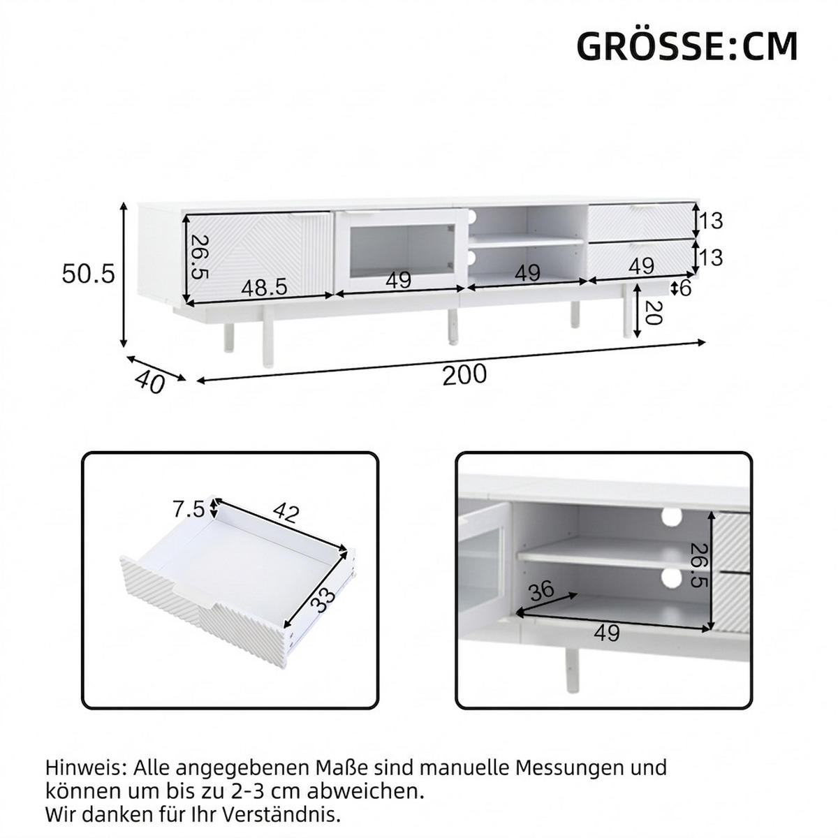 TV-SCHRANK 200/40/50,5 cm Weiß mit 2 Türen und 2 Schubladen für 80 Zoll - Weiß, Holzwerkstoff (200/50.5/40cm) - Oxeza