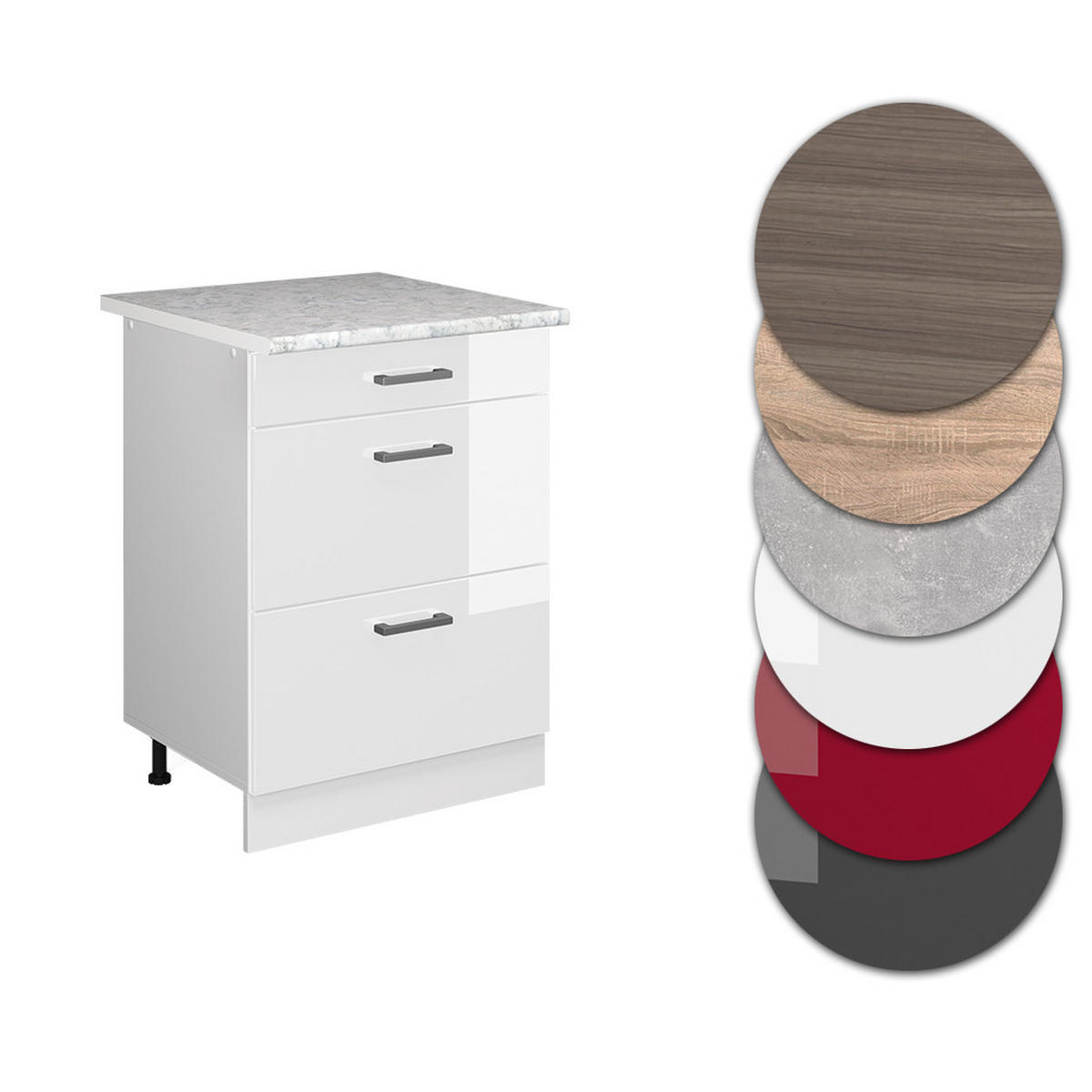 KÜCHENSCHRANK R-Line Weiß Hochglanz 60 cm mit Schubladen AP Marmor - Weiß Hochglanz/Weiß, Holzwerkstoff (60/81.6/60cm) - Vicco