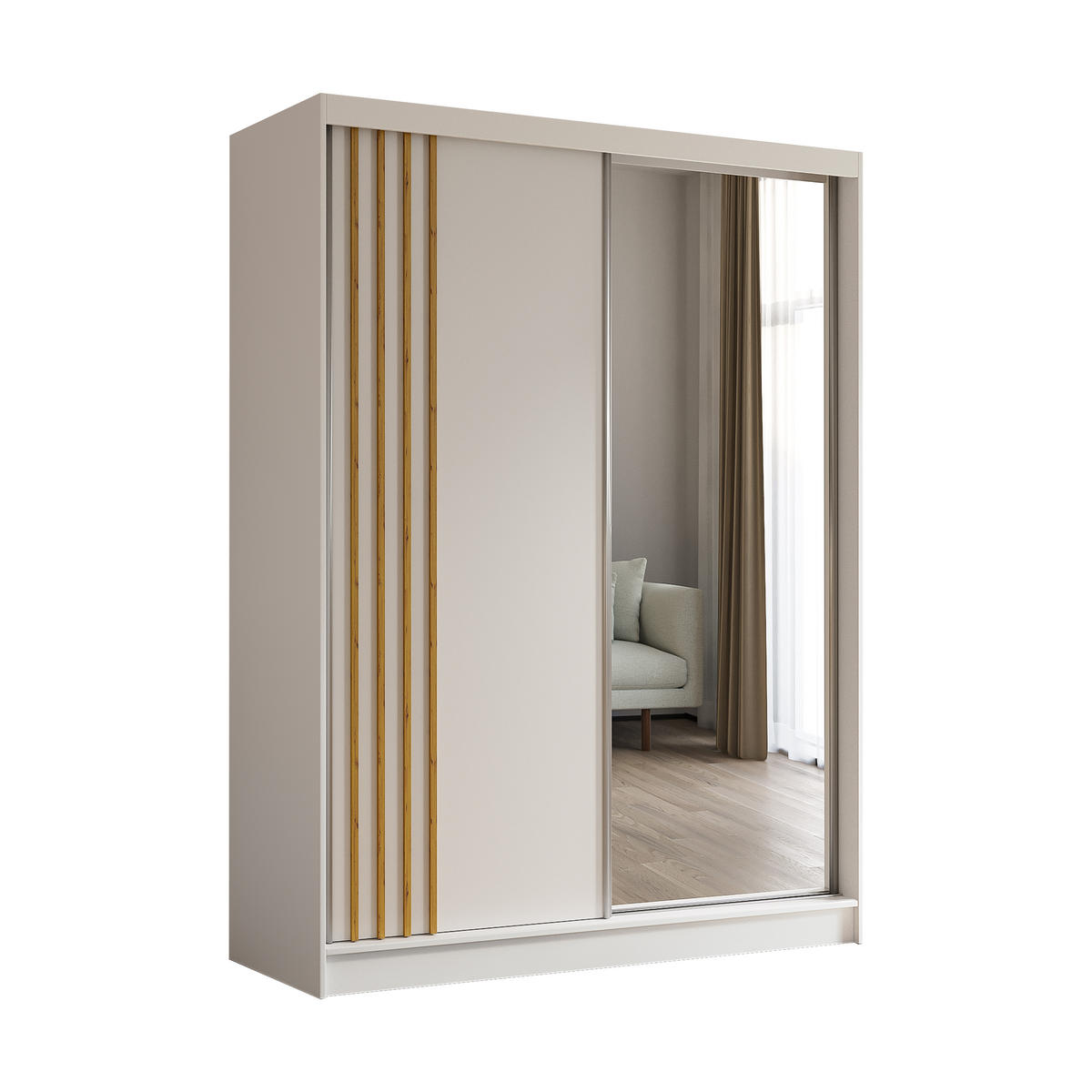 KLEIDERSCHRANK mit Spiegel-Schiebetüren und Aluminium-Leisten - NALLA - 160 cm Weiß+Weiß+Artisan - Weiß/Eiche Artisan, Holzwerkstoff (160/216/61cm) - ALTDECOR