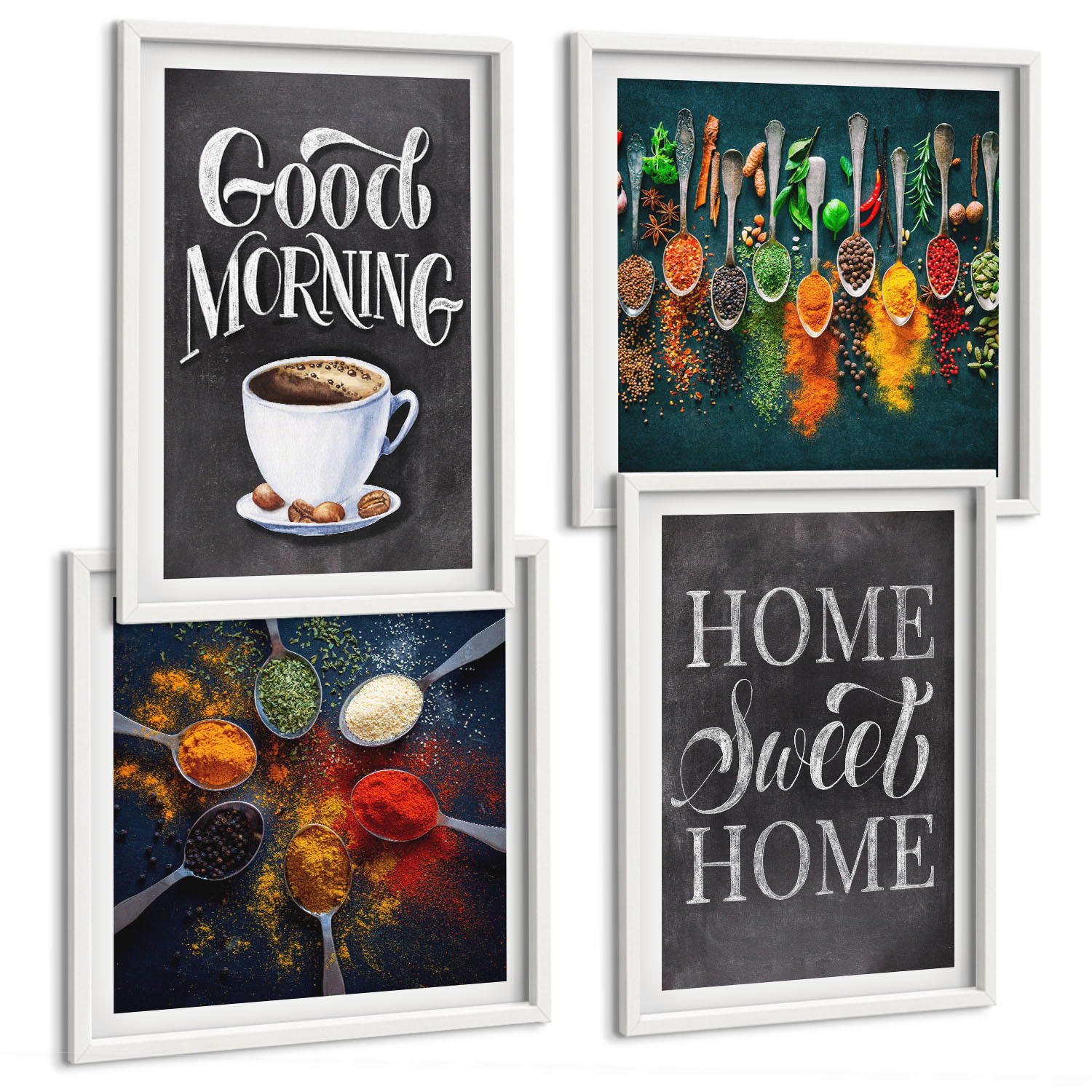 BILDER SET 4er Set - 50x50 cm & 40x60 cm Weißer Rahmen - Gewürze, Kaffee, Tasse, Kräuter - Weiß, Kunststoff (50/50cm) - TULUP