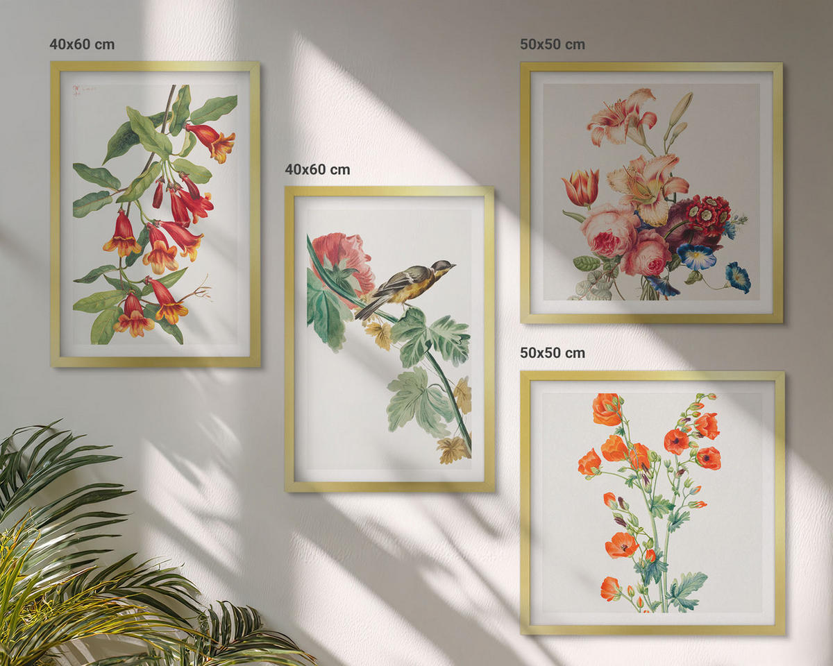 BILDER SET 4er Set - 50x50 cm & 40x60 cm Goldrahmen - Gemalte Blumen, Retro-Vogel - Goldfarben, Kunststoff (50/50cm) - TULUP