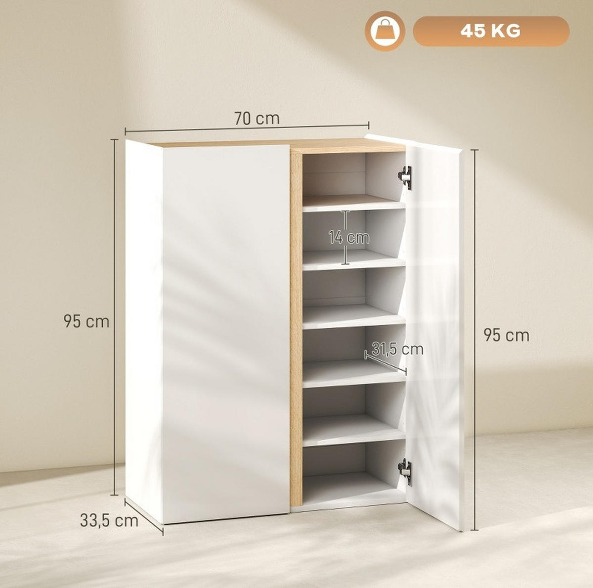 SCHUHSCHRANK grifflos mit Soft-Close-Türen, 6 Ebenen, bis ca. 18 Paare - Weiß, Holz (70/95/35cm) - BEAOK